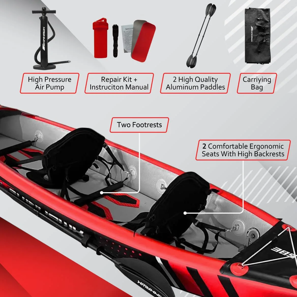 Skinhawk Premium Full Drop Stitch Kayak 385 Rojo Inflable Canoa para Inflable, Kayak de Aventura, 385 x 85 cm