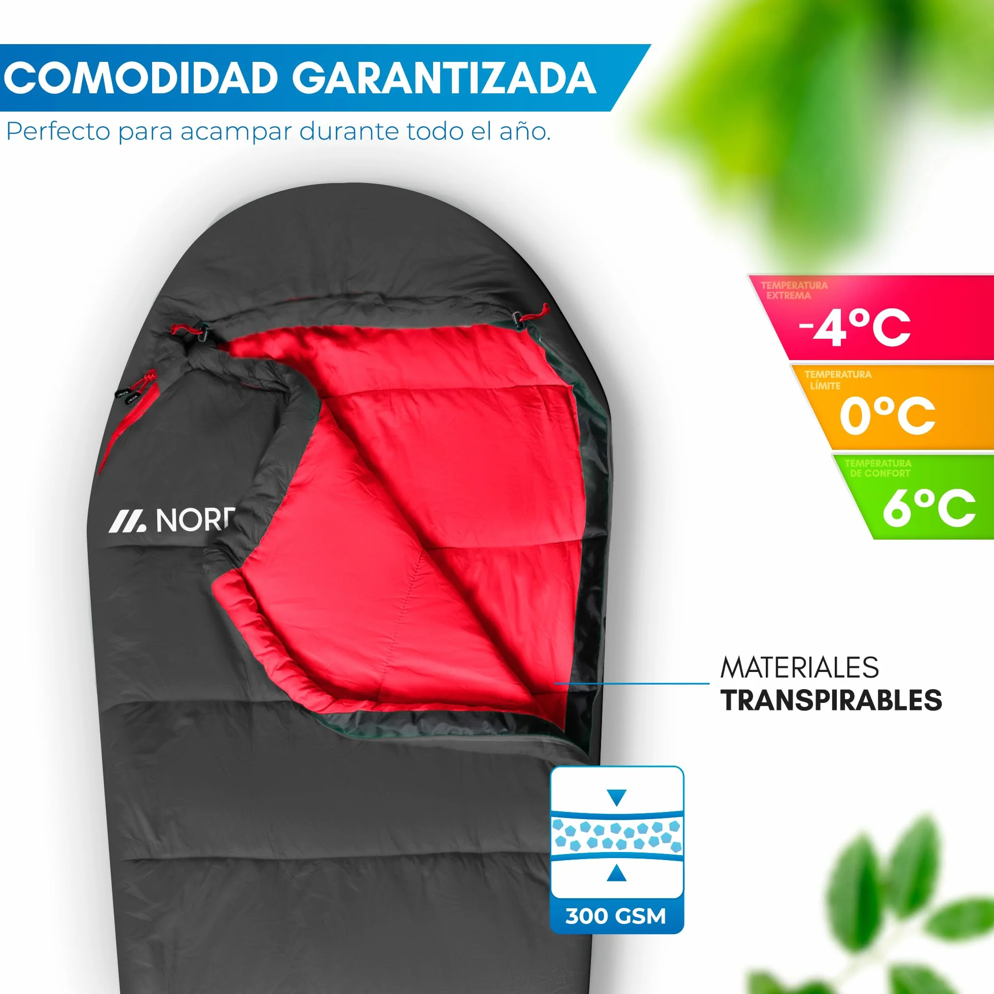 NORDMUT® Saco de Dormir Adulto Comfortable - Sleeping Bag Compacto y Ultraligero (900/1500 g) - 3 Estaciones (250 gsm) de Verano (100 gsm) campismo