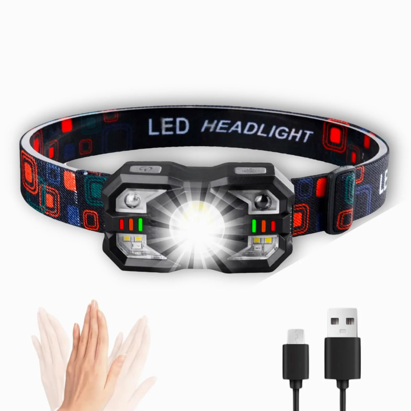 Linterna frontal recargable con sensor de movimiento, 5 modos de luz, carga rápida USB-C - Diadema ajustable para senderismo al aire libre, pesca nocturna, camping, iluminación manos libres