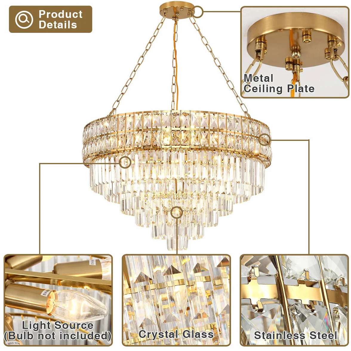 Lámpara de Araña Moderna de Cristal Dorado Colgante Redonda Ø75cm E14