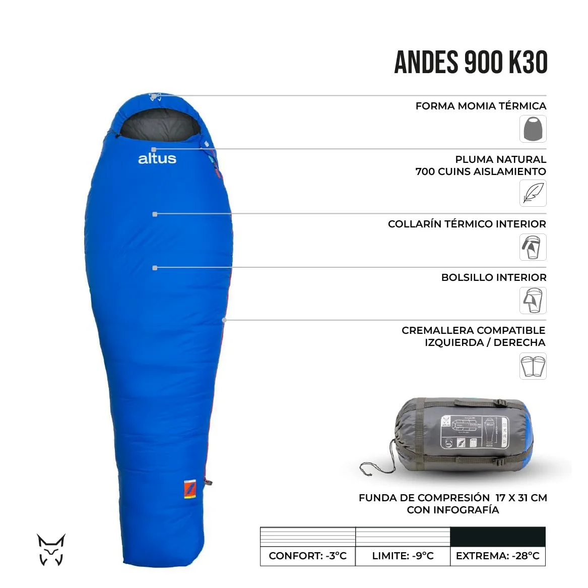 Altus Andes 900 K30 Saco de Dormir de Pluma | -3°C|-9°C|-28°C