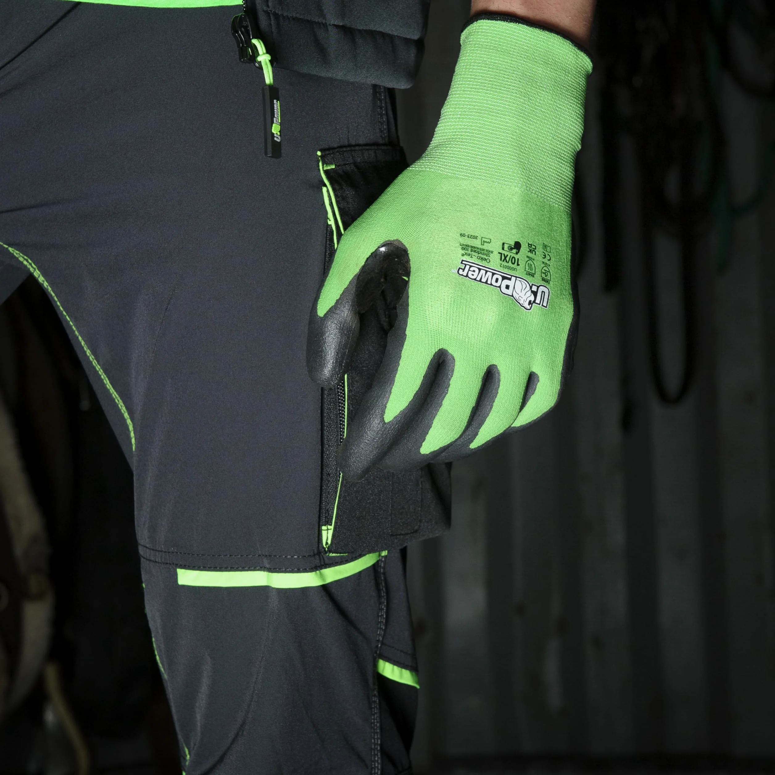 U Power Kalix Guantes de Trabajo de Seguridad Soporte de Poliéster y Spandex Recubrimiento de Nitrilo Reciclado Resistencia a la Abrasión Protección de Riesgos Térmicos Mecánicos Verde 7/S 12 Pcs