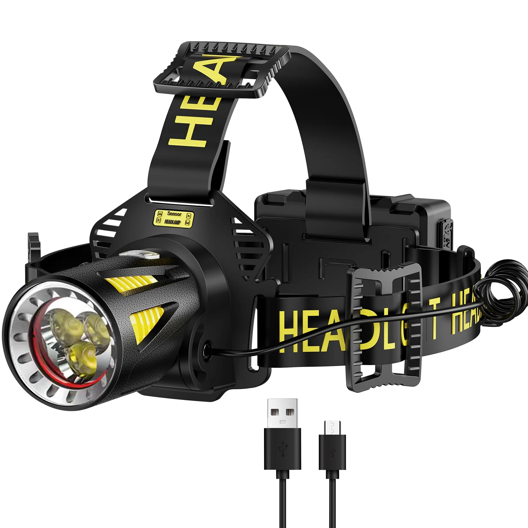 Linterna frontal recargable de triple haz, 6500 K, 3 LED P50.2, haz de 450 yardas, IP66 | Haz triple, largo tiempo de funcionamiento, salida rápida inteligente de 8 segundos, resistente, fiable, luz blanca diurna