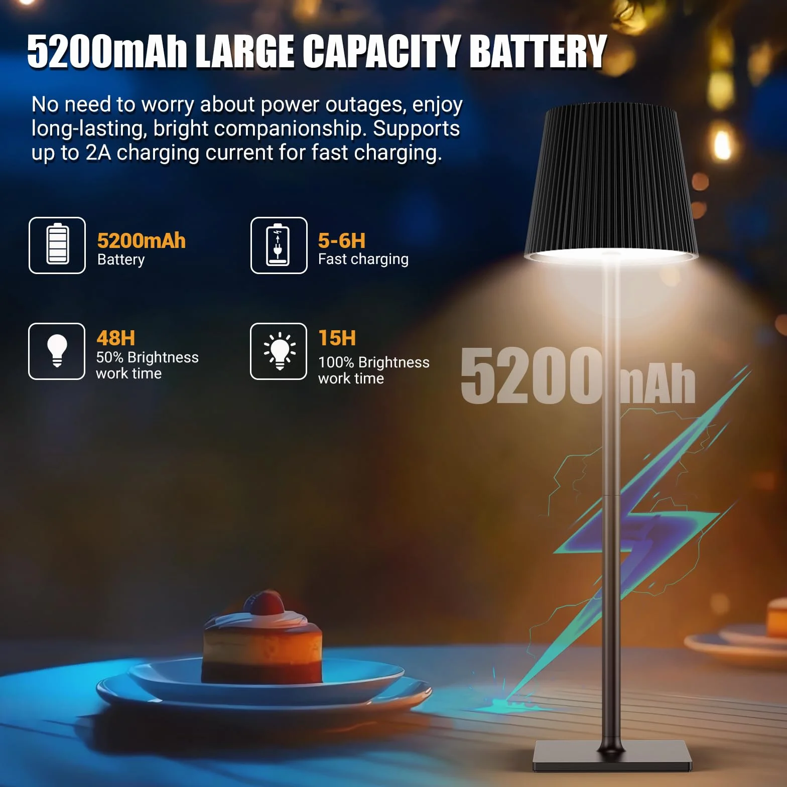 Lámpara de Mesa LED Inalámbrica Recargable con USB-C, Regulable, Negro
