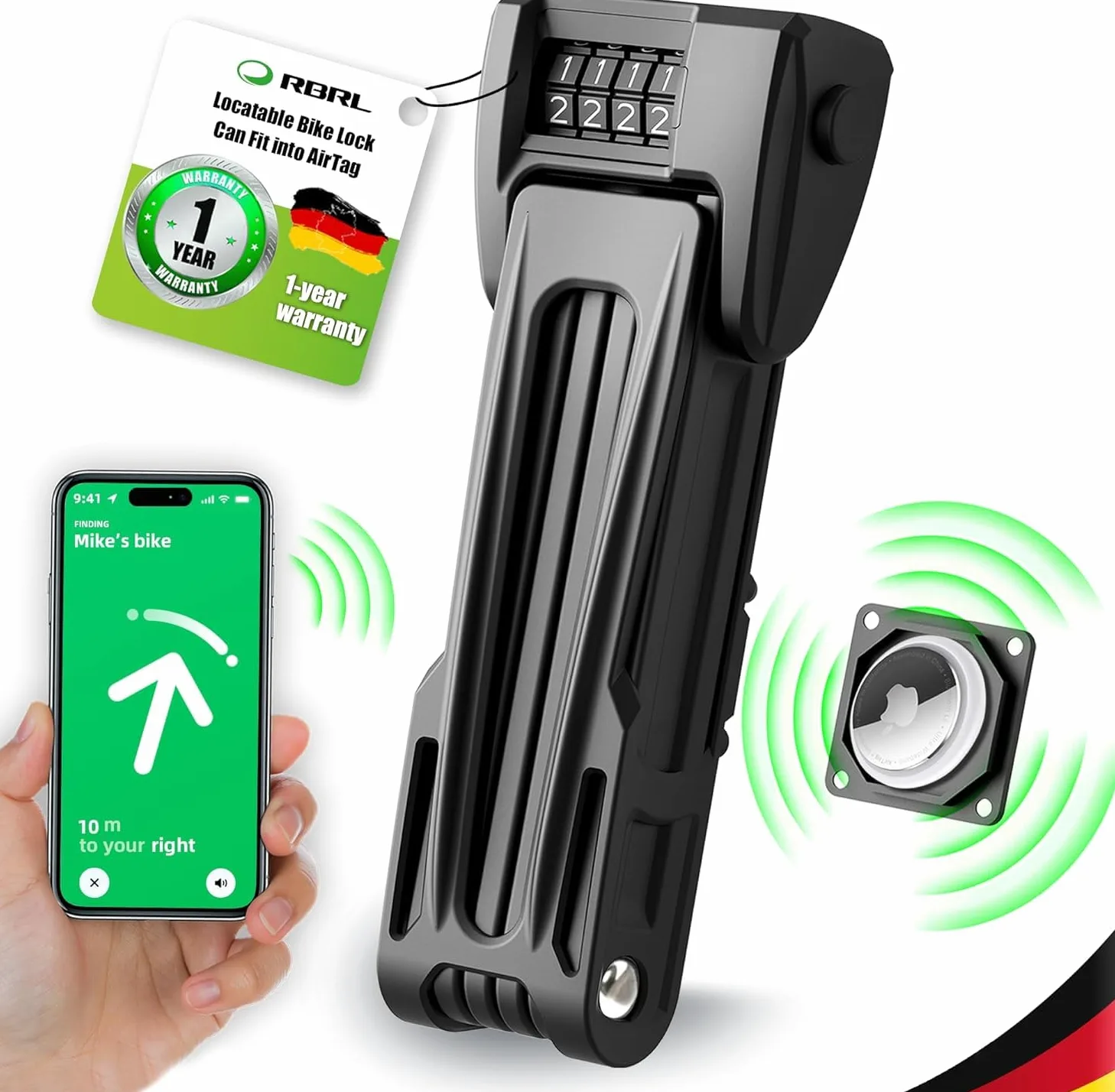 RBRL Candado plegable para bicicleta, con soporte para instalar el AirTag, 90 cm de largo, candado de alta seguridad, cerradura de combinación para bicicleta eléctrica, MTB y bicicleta de carretera
