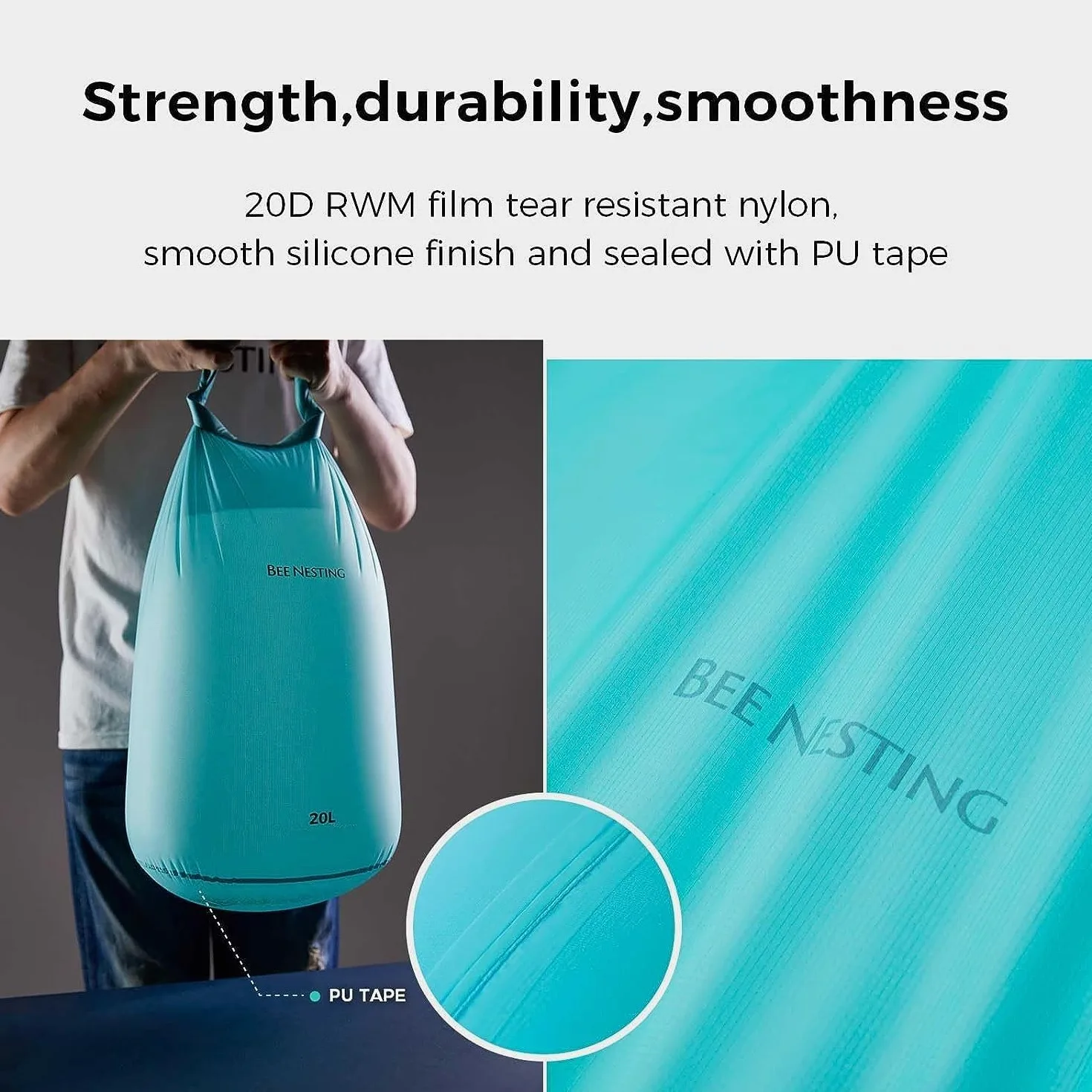 Bee Nesting Juego de Bolsas secas ultraligeras para mochileros, Saco seco Impermeable para Camping, Senderismo, Motocicleta, Juego de 3 Bolsas Ligeras, Gris, 2L 4L 8L Strap, 12 l y 20 l