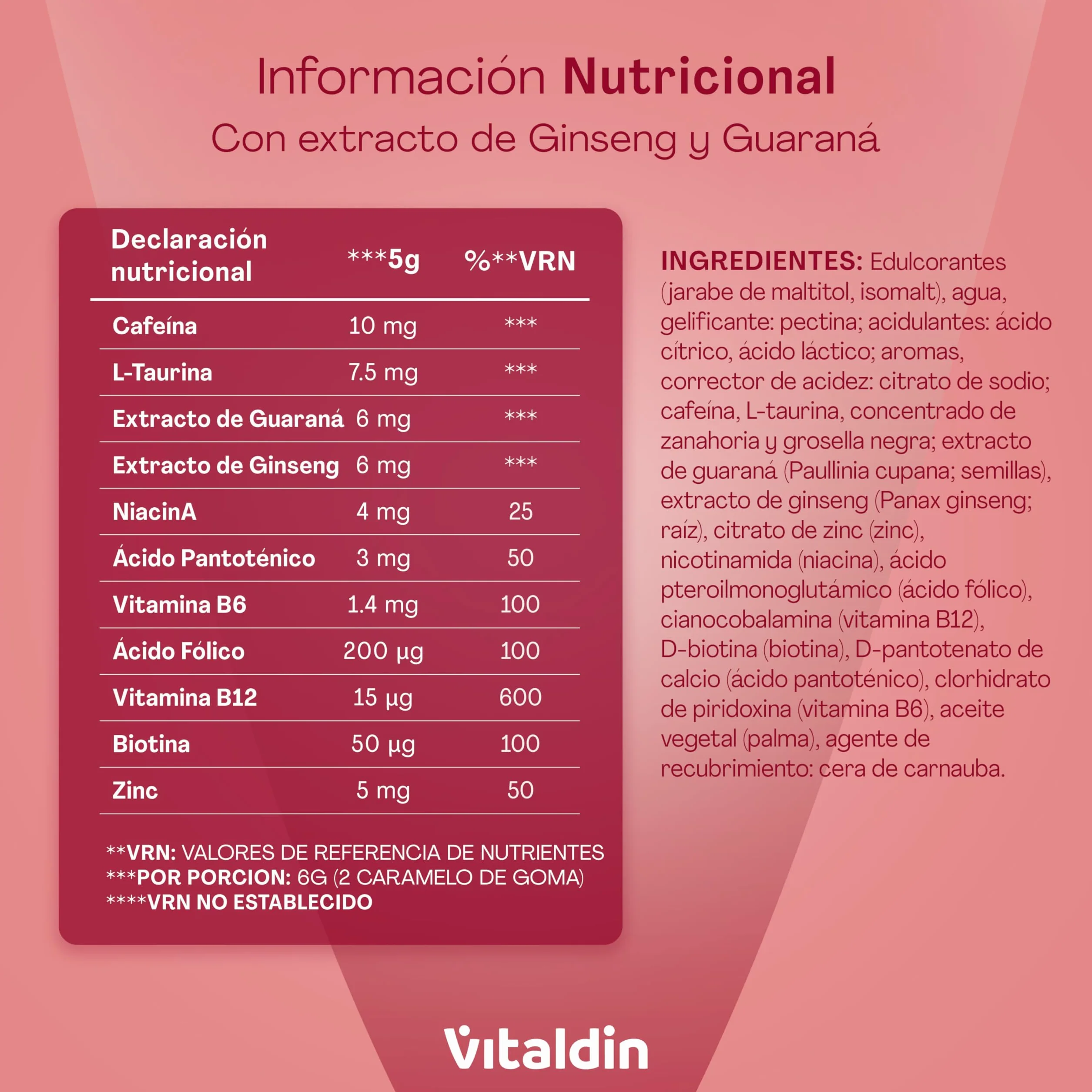 VITALDIN Energy Gummies Veganas Sin Azúcares Añadidos con Ginseng Guaraná Cafeína Taurina Vitaminas B 70 gomas