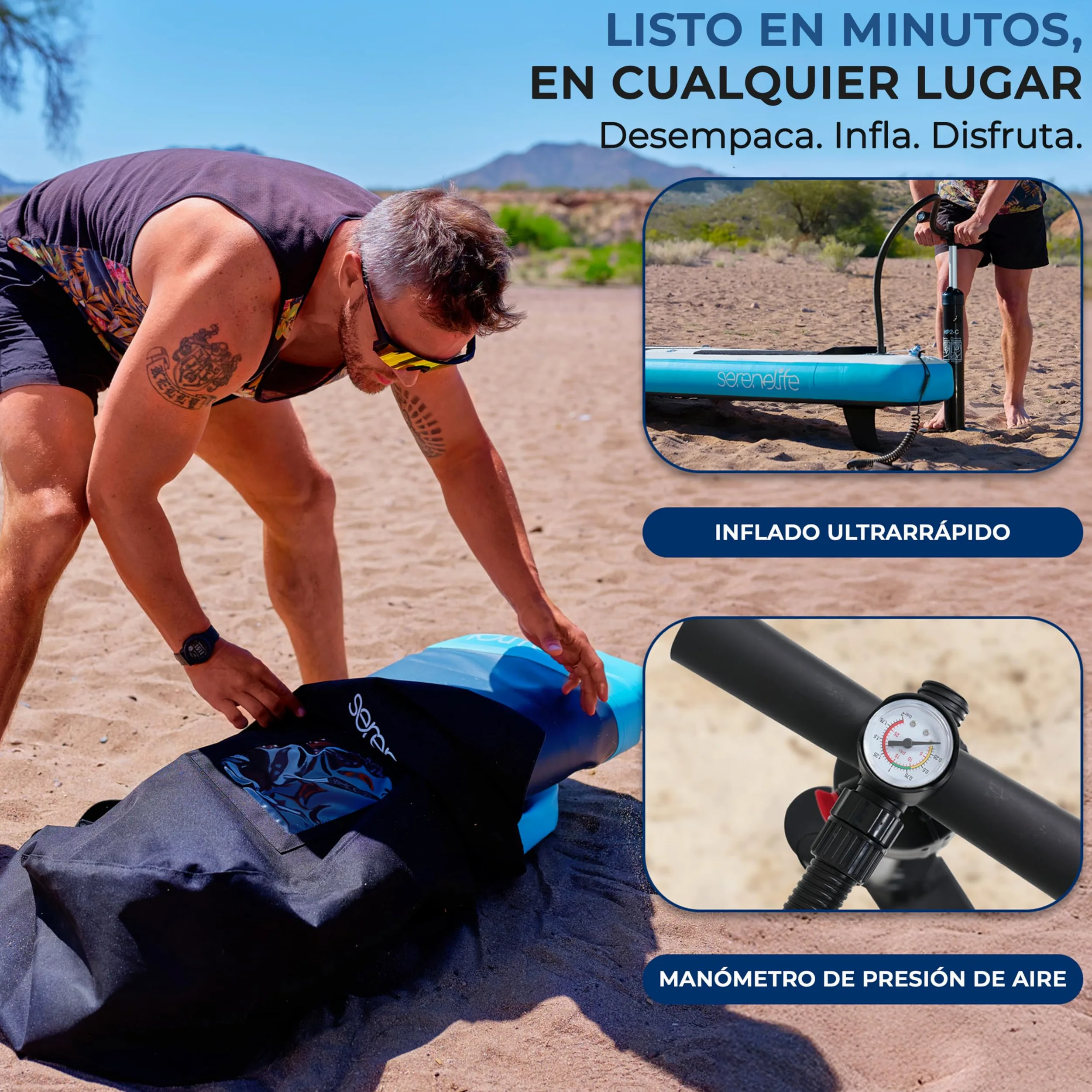 SereneLife Tabla de Paddle Surf Inflable XL, 371 cm, con Almohadilla EVA Antideslizante, Estable, 86 cm de Ancho, Accesorios Premium, Capacidad de 200 kg para 2 Adultos y 1 Niño
