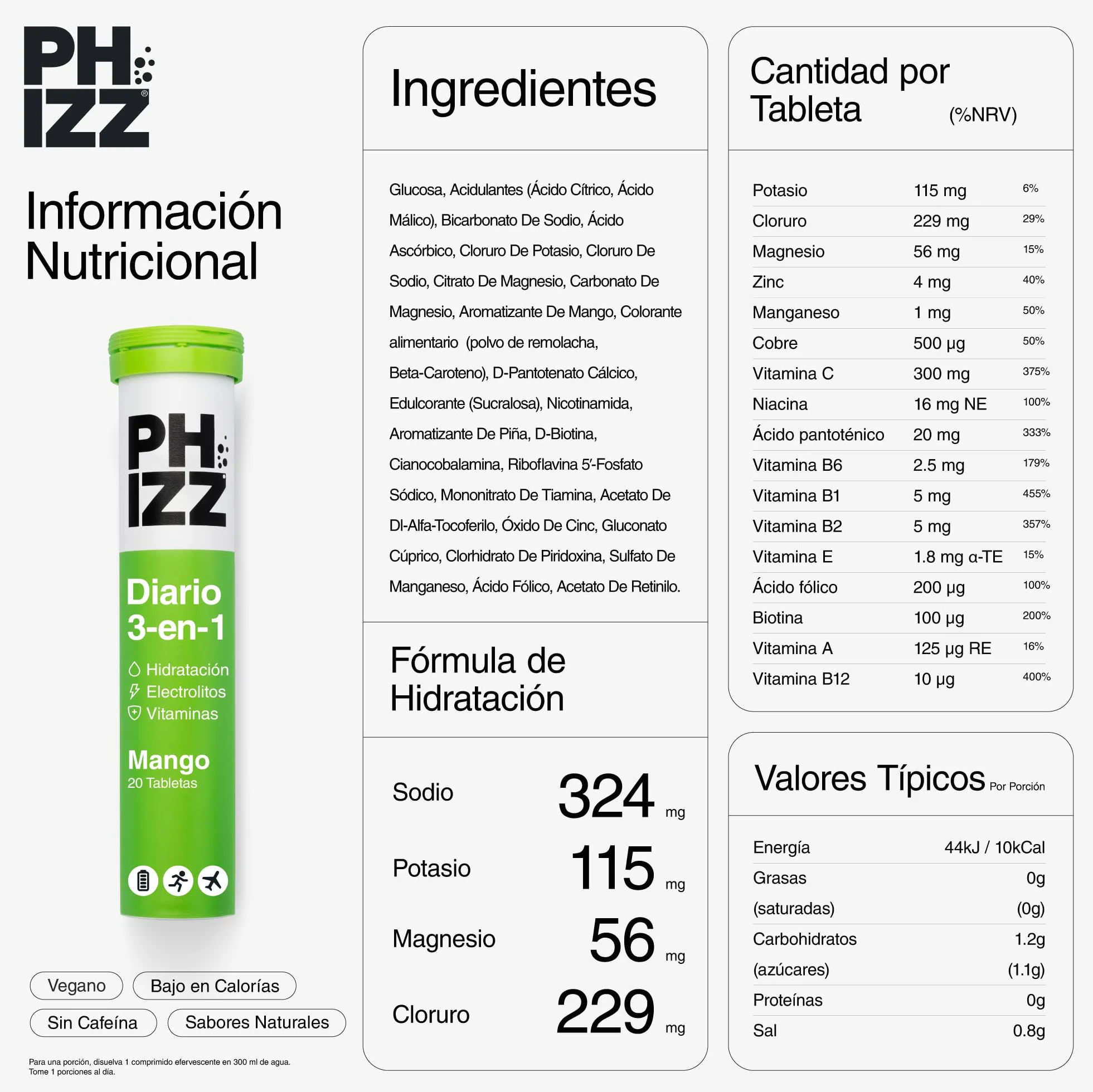 Phizz Electrolitos Multivitaminas e Hidratación Efervescente Comprimidos 18 Vitaminas y Minerales Vitamina C 60 Pastilla Mango
