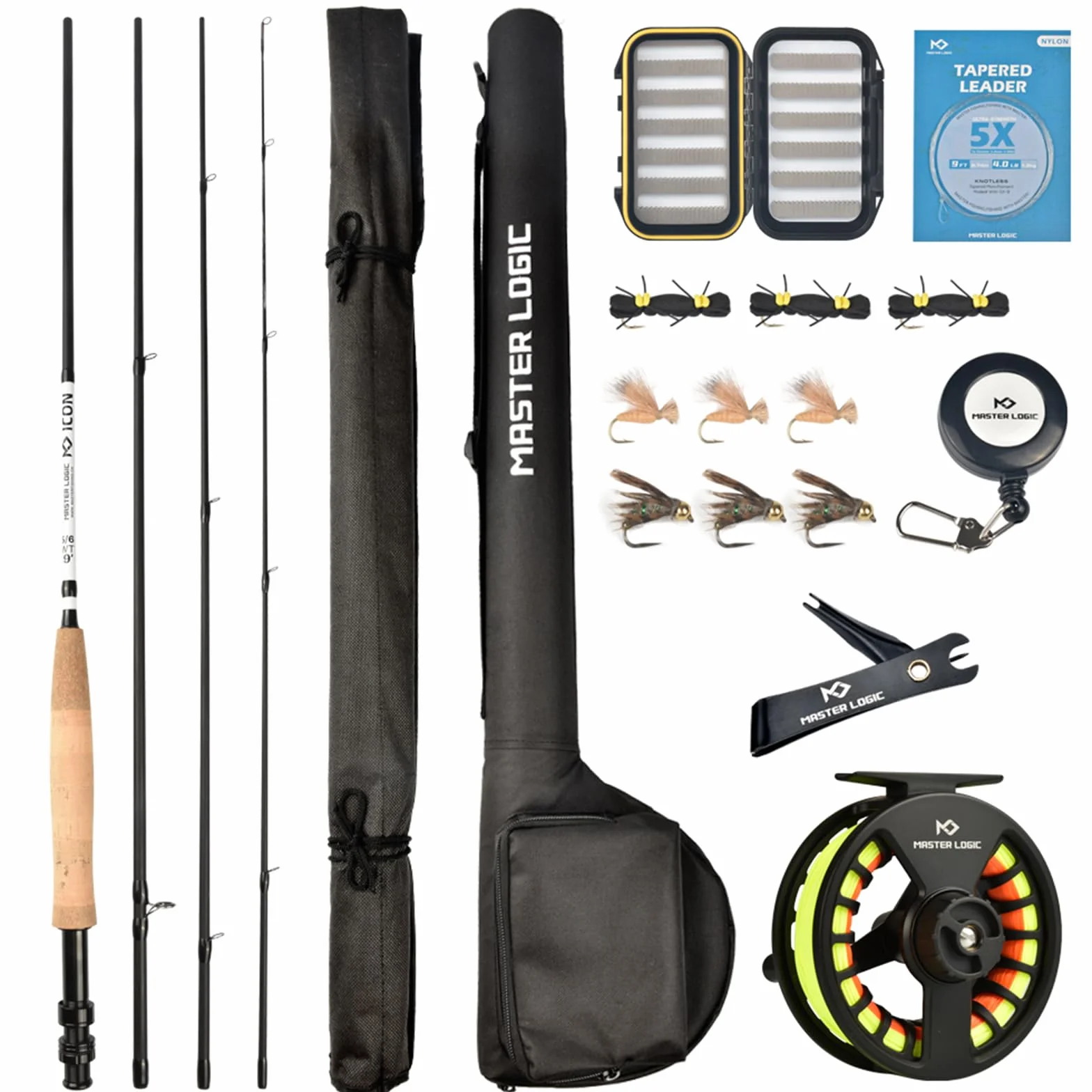 Kit de iniciación de caña de Pescar con Mosca y Carrete, con Caja Ligera para Moscas y Moscas de Pesca y Carrete de Aluminio Fundido, Funda de Transporte y Accesorios