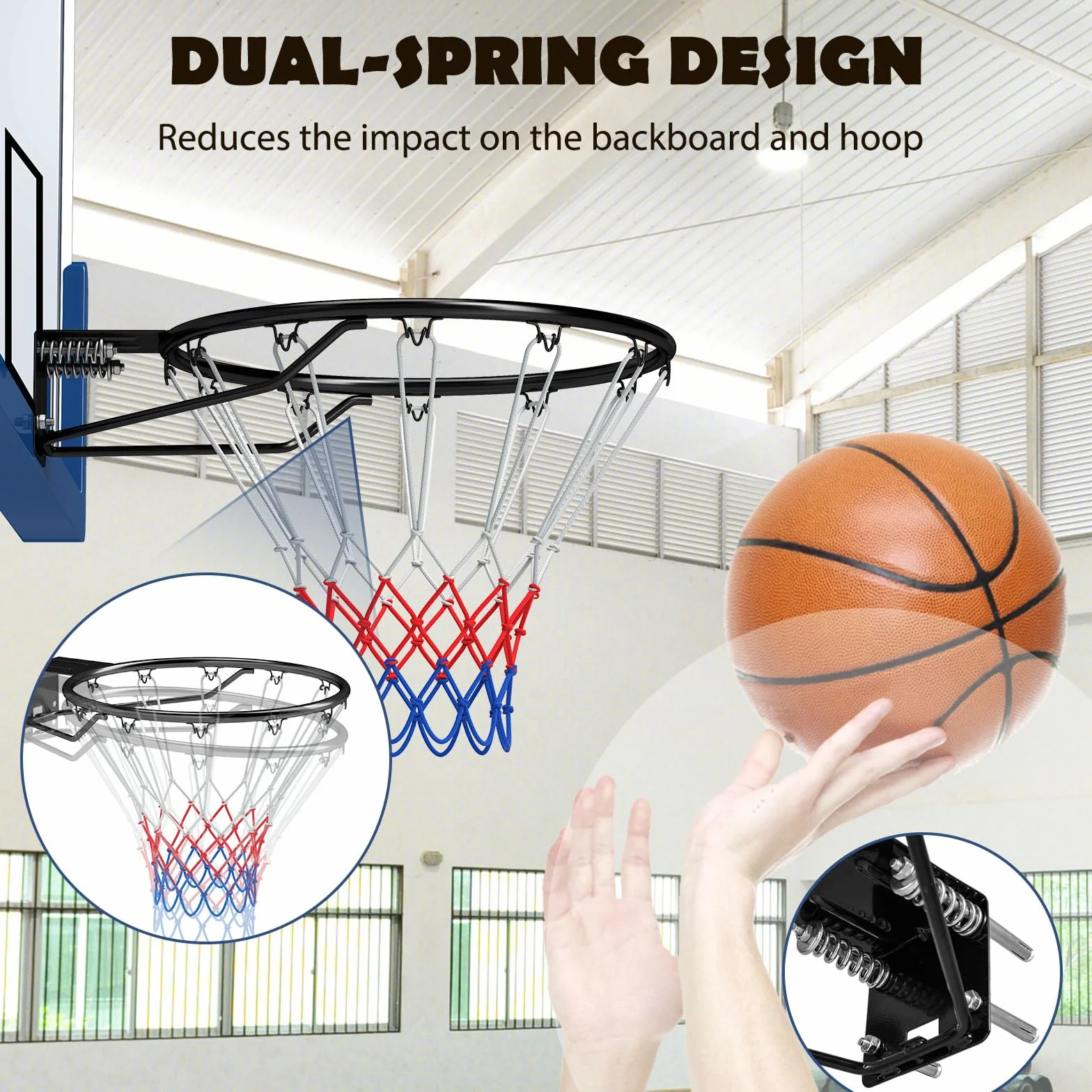 Canasta de Baloncesto de Pared Ø45 cm, Aro Macizo con Soporte y Red, Metal para Interior y Exterior