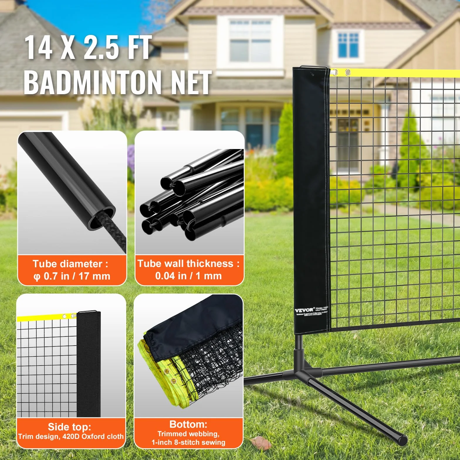 VEVOR Red de Bádminton Ajustable 420x155x103 cm Portátil con Postes y Raquetas