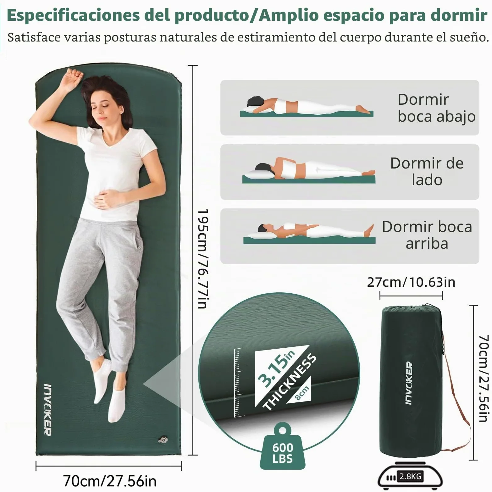 INVOKER - Colchoneta de Dormir de Camping – Espuma elástica Ultra Gruesa de 3.1 Pulgadas, autoinflable rápido, aislada, Duradera, con Almohada para Tienda de campaña, mochileros, Viajes y Senderismo
