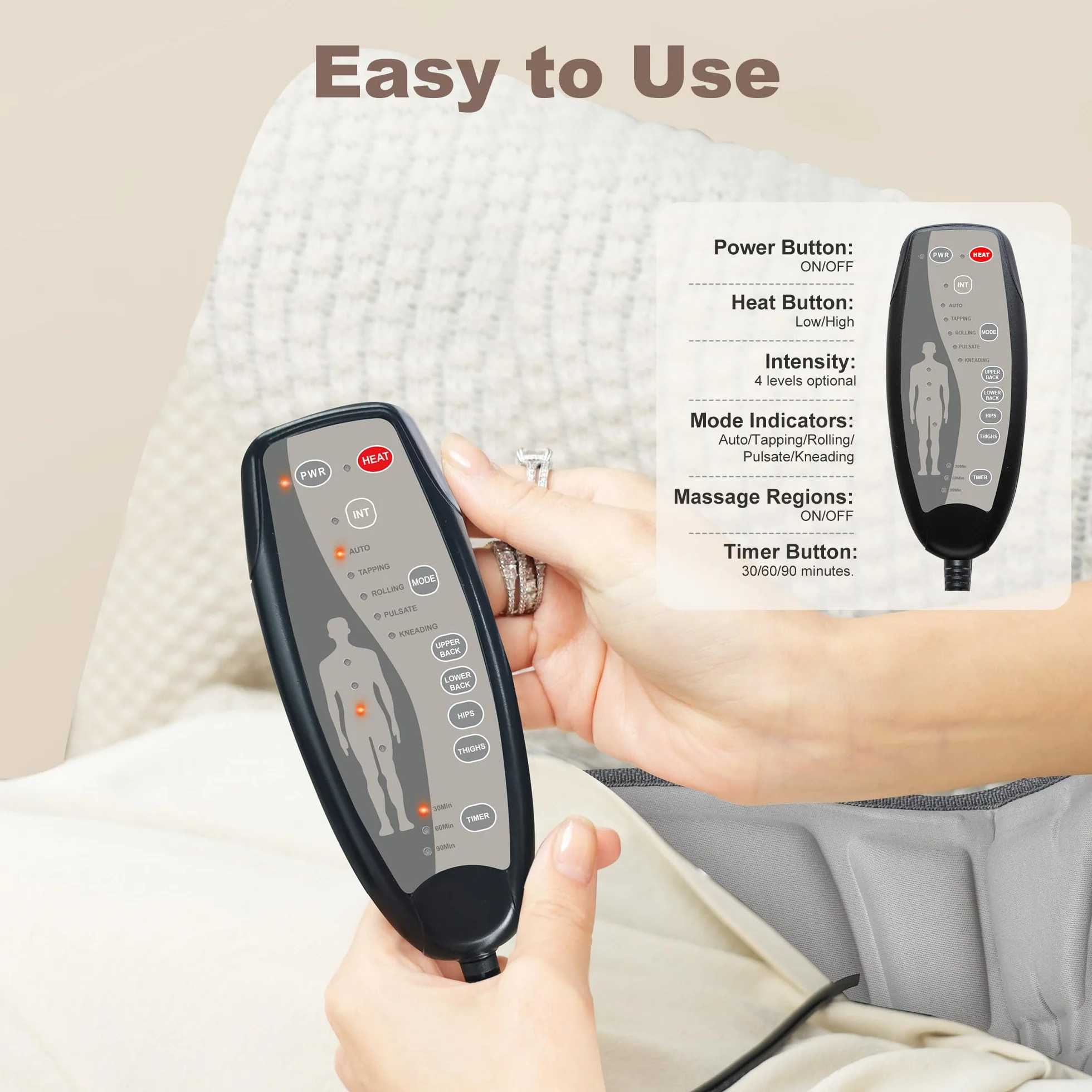 Snailax Funda de Masaje para Asiento con Calor y Vibración, 10 Motores, Almohadilla para Espalda y Cuello, Beige