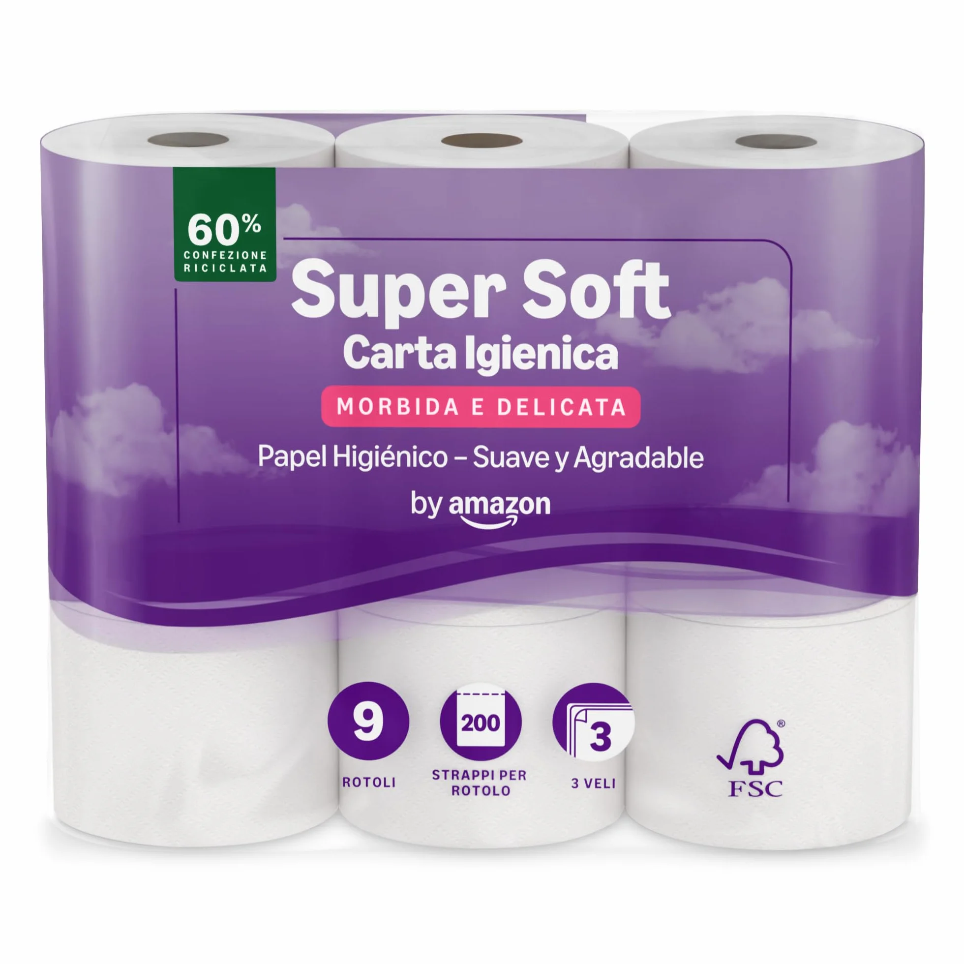 Papel Higiénico Supersuave de 3 Capas, 9 Rollos, 200 Hojas por Rollo, FSC