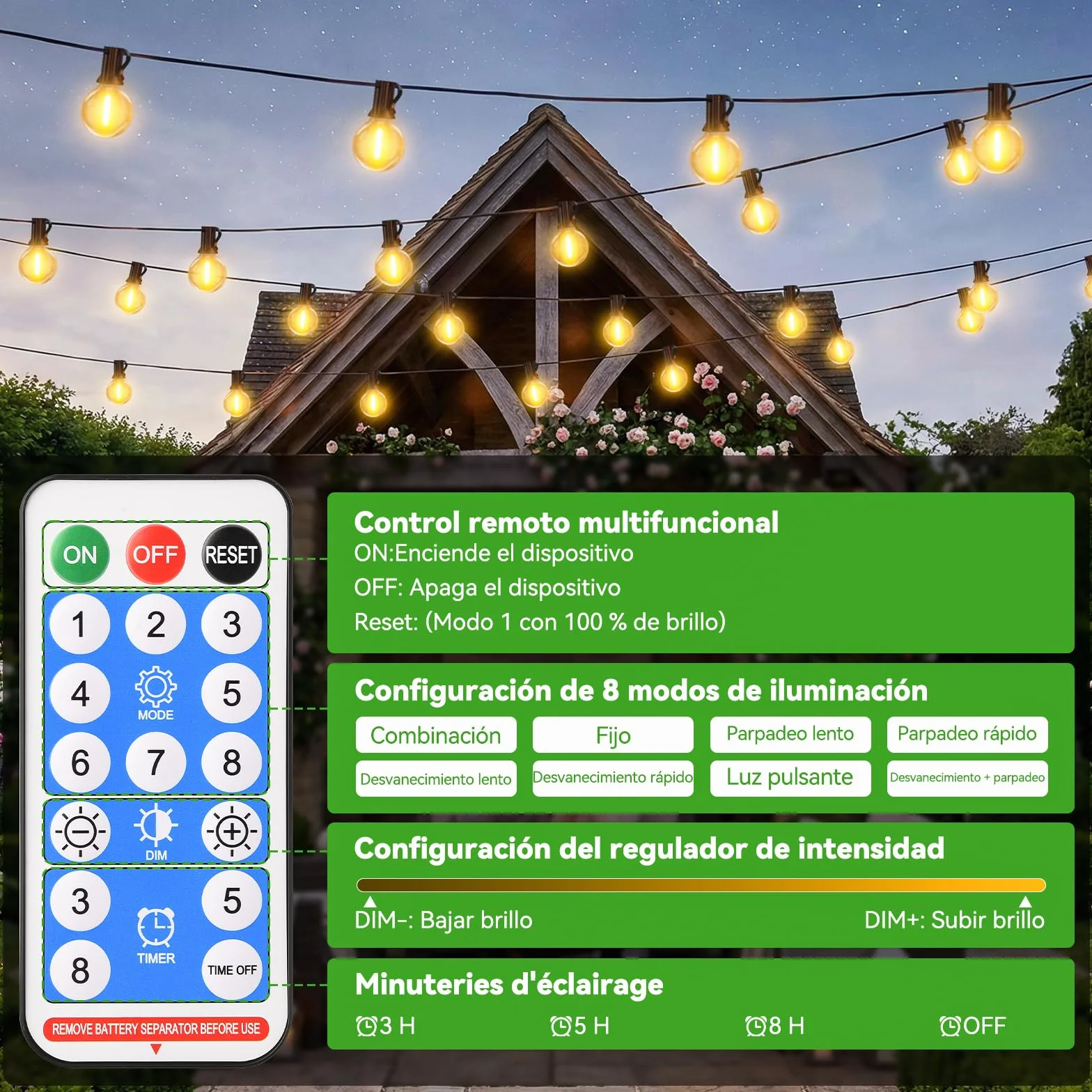 Solares Guirnalda Luces Exterior Jardin 15M LED Regulable Control Remoto G40
