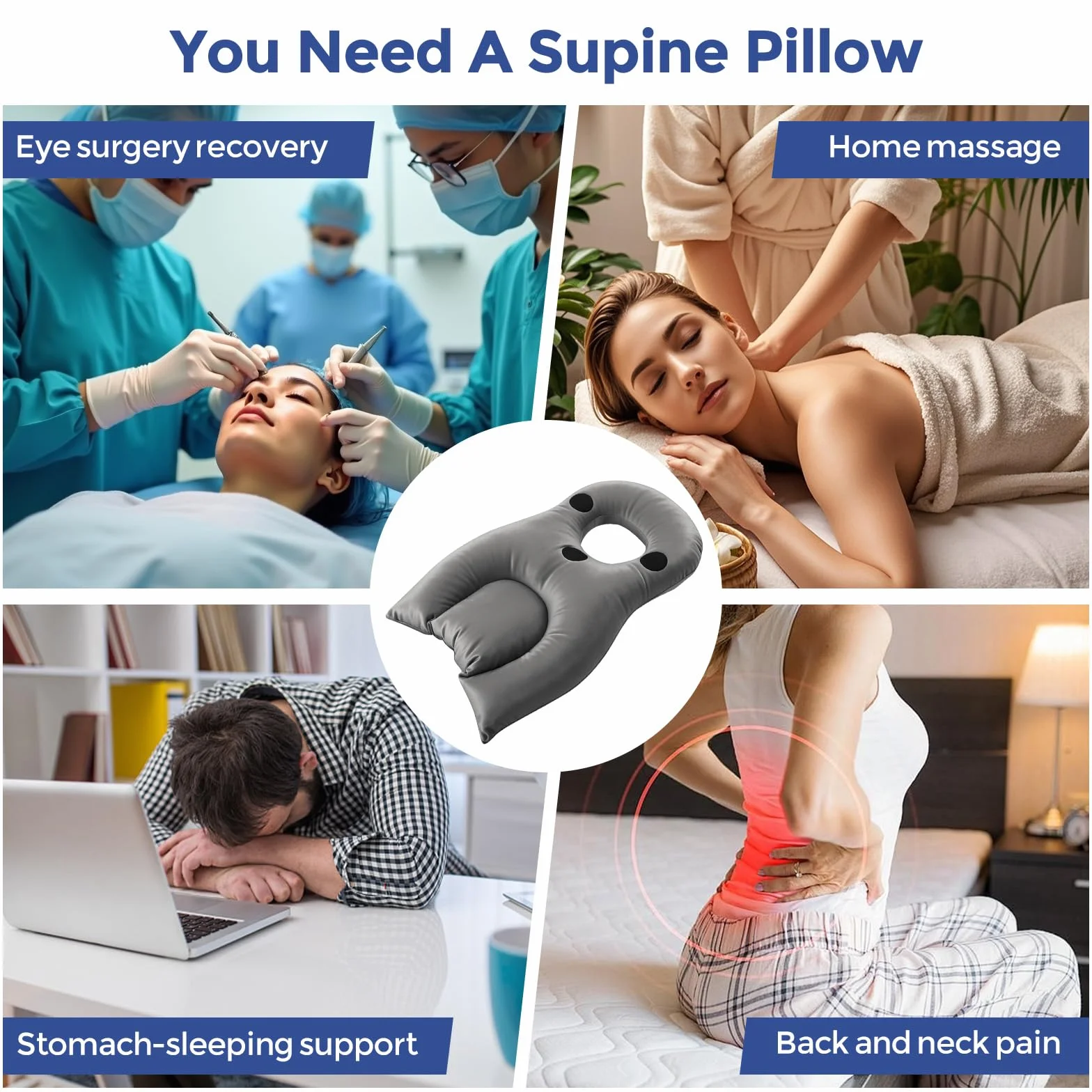 WingFly Almohada Facial para Dormir Boca Abajo con Orificio, Post Cirugía Ocular, Masaje Reposacabezas