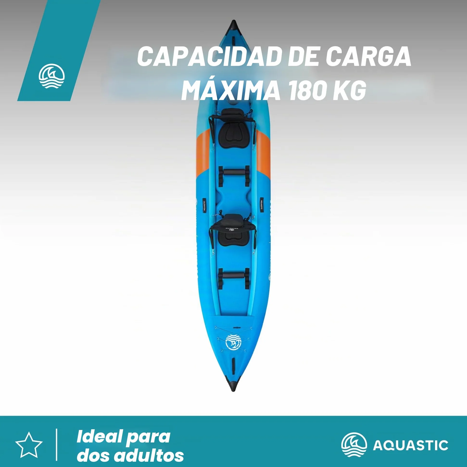 AQUASTIC Cortez - Kayak Hinchable para Dos Personas, 3 cámaras, Capacidad de Carga de hasta 180 kg, Juego de Mochilas, paletas, Asientos, Bomba, Aletas, Estable