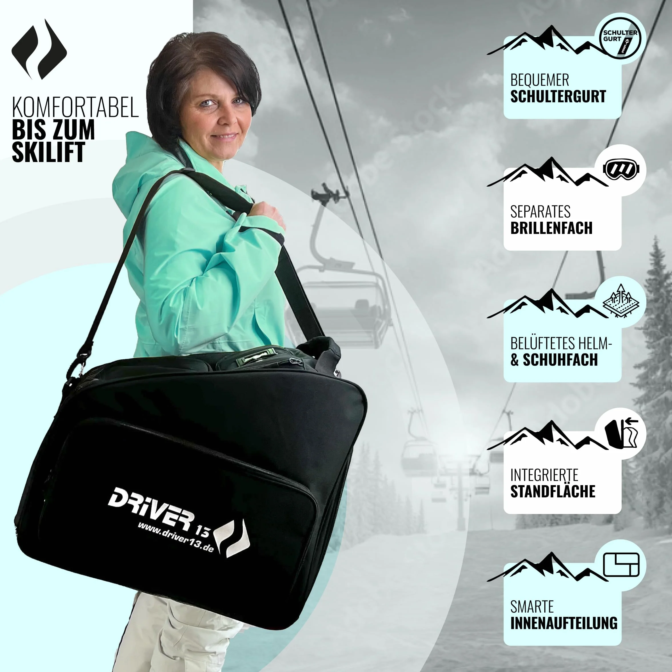 Driver13 Bolsa para Botas de esquí con Compartimento para Casco, Negro