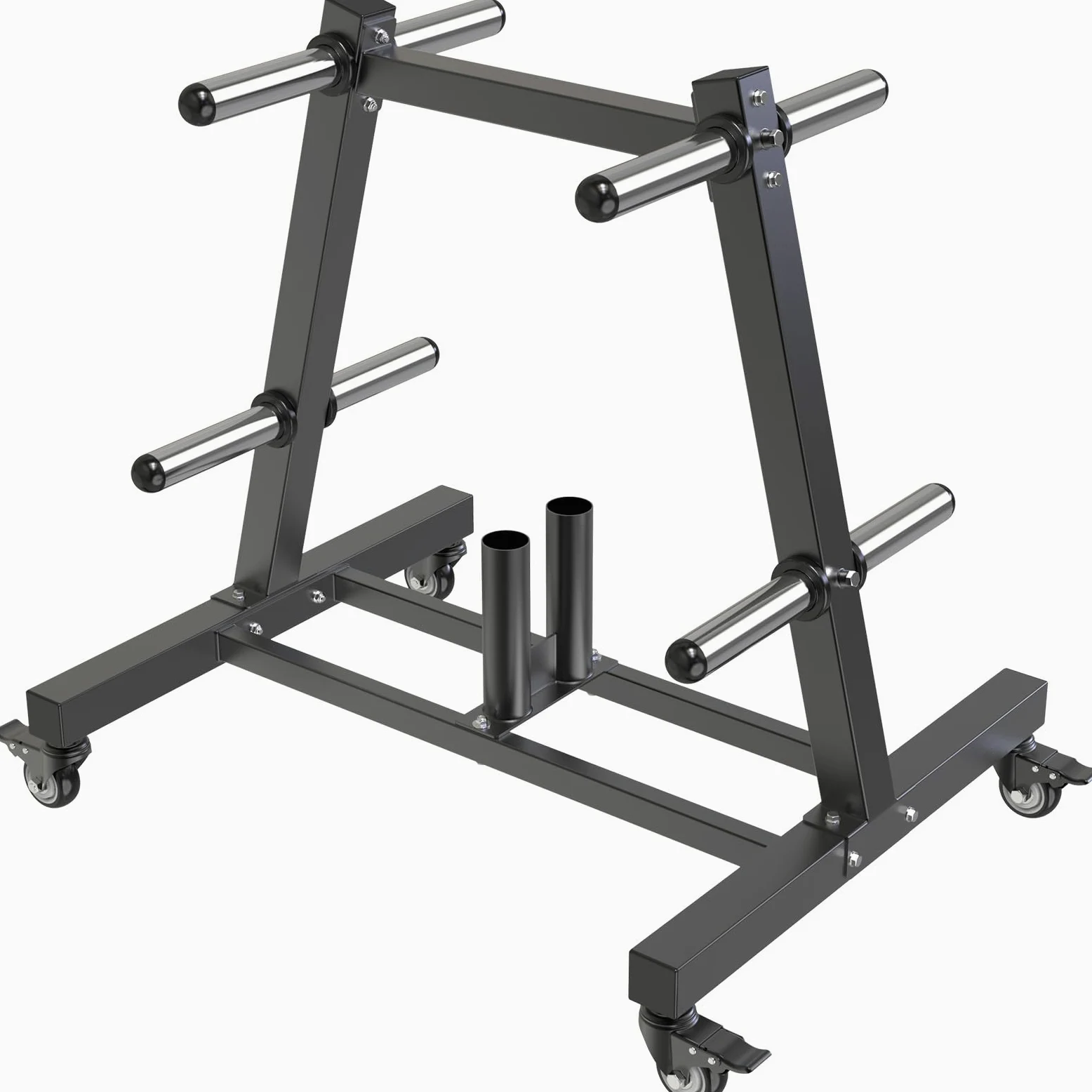 SELEWARE Soporte olímpico para discos de peso con 8 clavijas de peso y 2 soportes para barras, organizador de almacenamiento de gimnasio de acero resistente con ruedas de bloqueo para platos y barras