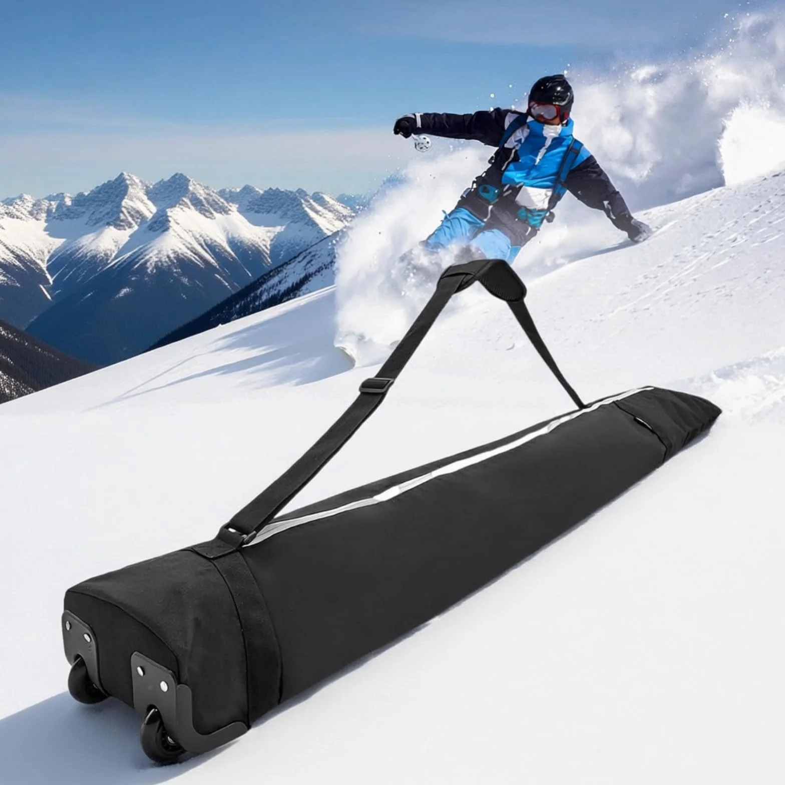 Bolsa de snowboard con ruedas, bolsa de almacenamiento impermeable para equipo de esquí, longitud ajustable bolsa de esquí (63-79 pulgadas), bolsa de esquí plegable para tabla, botas, ropa