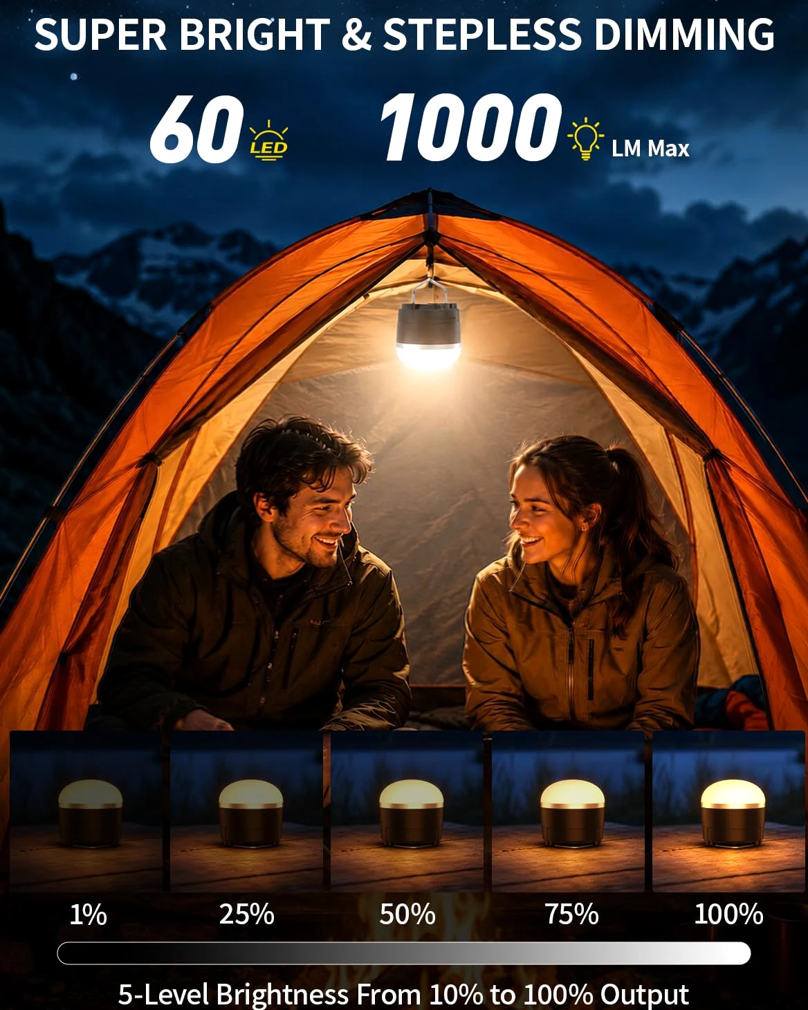 Linterna LED de camping recargable, esencial para campamento, cambio de color RGB, 1000 lm, 4 modos de luz, base magnética, impermeable IP65, linterna portátil para camping, senderismo, huracanes y
