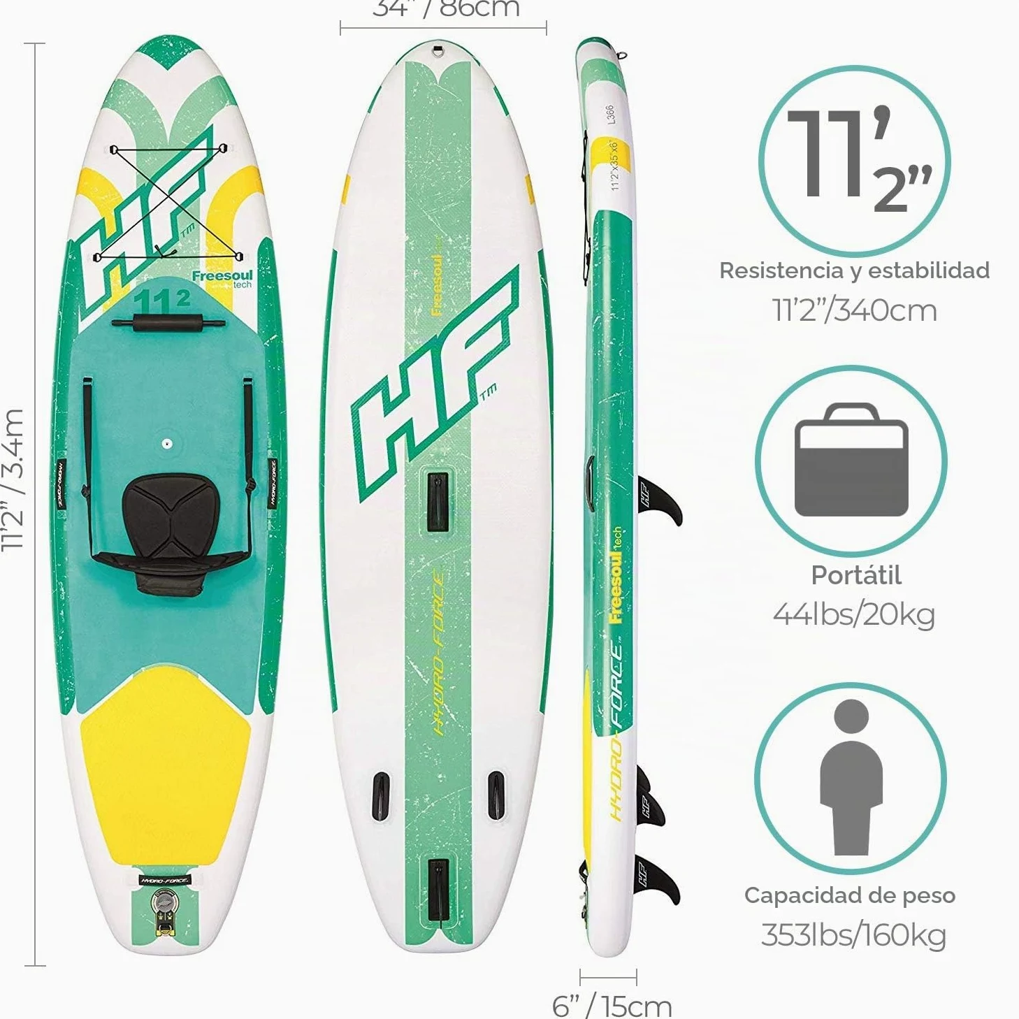 Bestway 65310 - Tabla Paddle Surf Hinchable Hydro-Force Freesoul Tech 340 x 89 x 15 cm con Remo, Asiento, Bomba y Bolsa