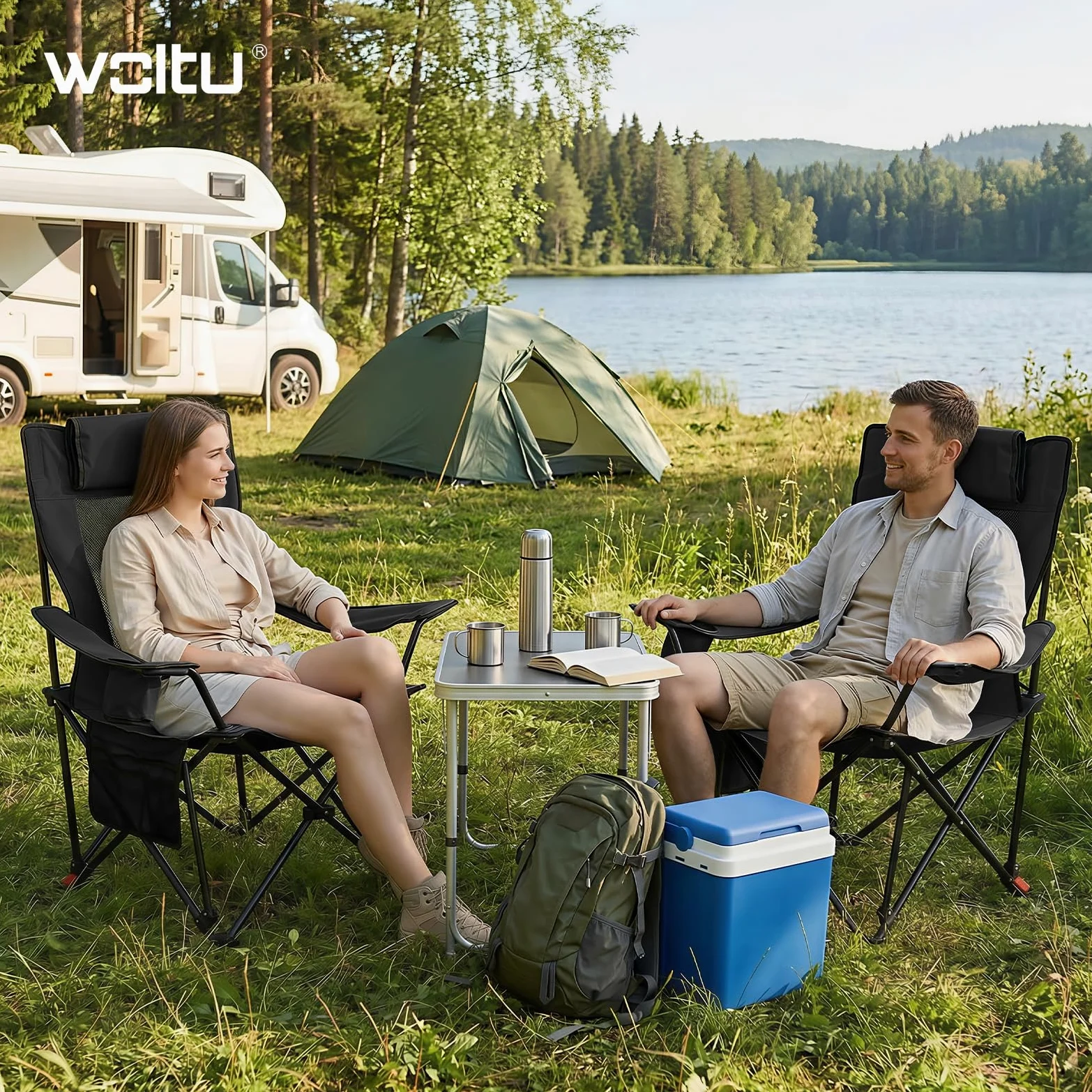 WOLTU 2X Sillas Camping Plegables con Respaldo Ajustable, Sillas Playa con Bolsillo Lateral y Portavasos, Tela de Malla y Tela Oxford, para Pesca, Picnic y Terraza, Capacidad de Carga 150 kg, Negro