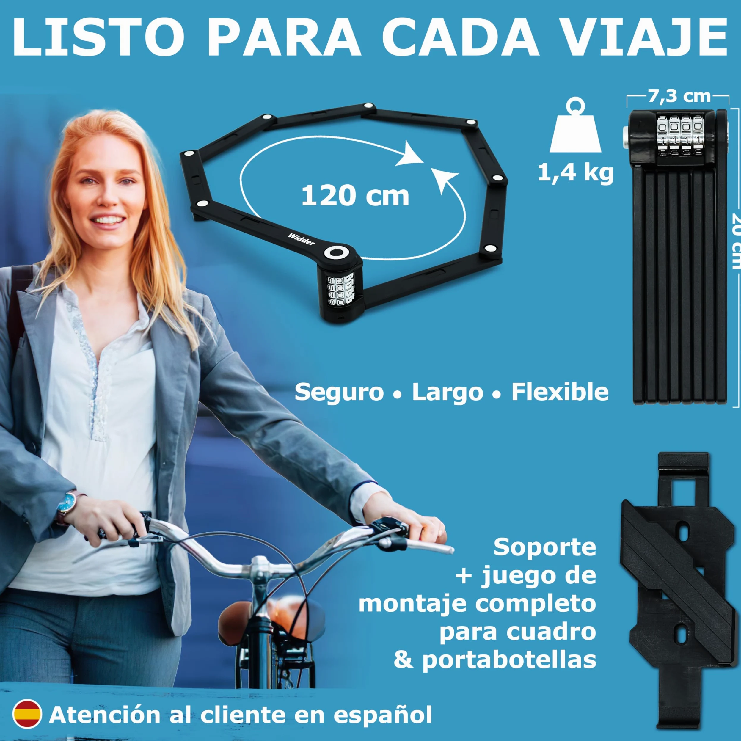 WIDDER 120cm Antirrobo bici extremadamente seguro | Titanio‑Acero nivel 15 | Candado de combinación | Candado plegable bicicleta de 120 cm con soporte | Antirrobo bici eléctrica & e‑scooter con código