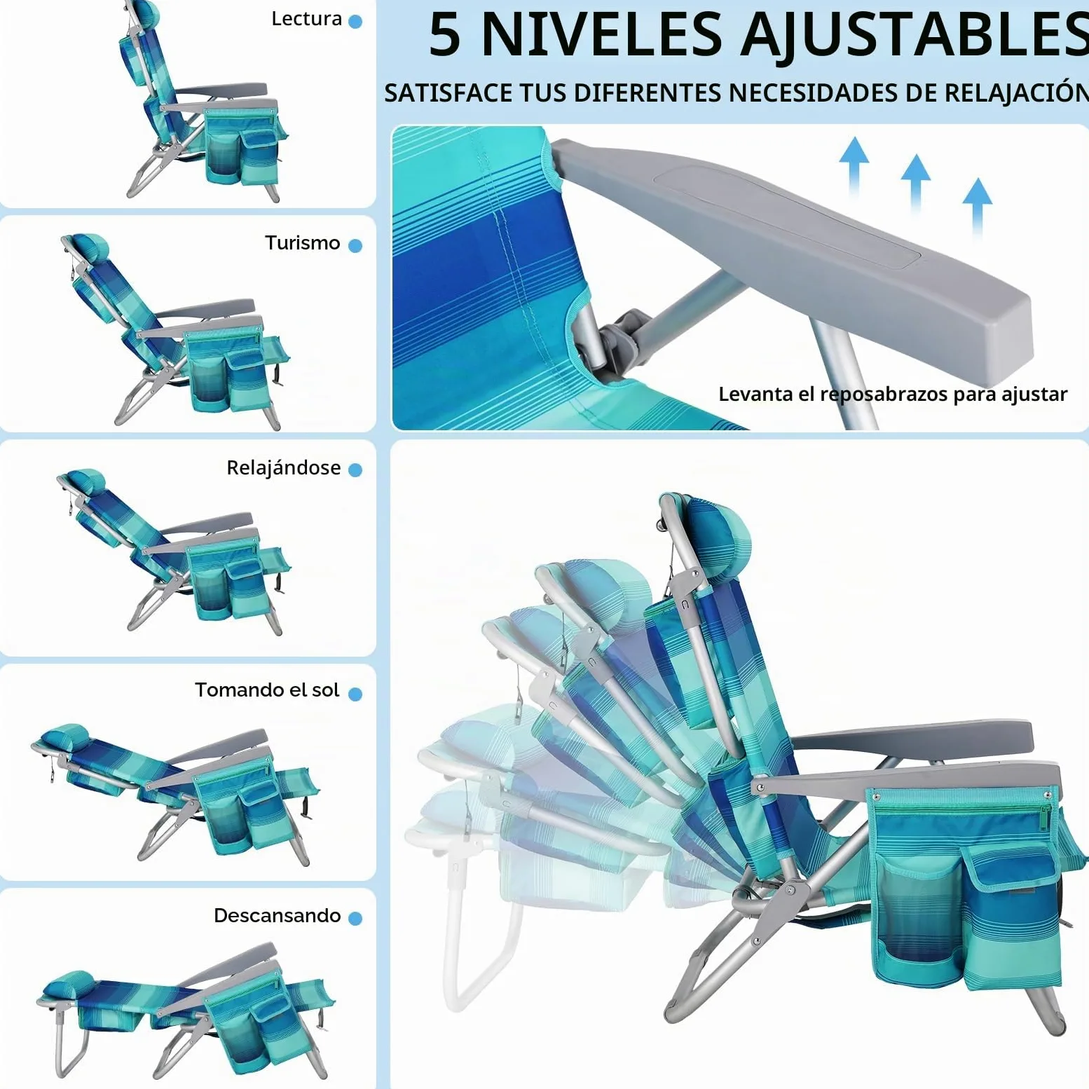 LIFERUN Silla de Playa Plegable de Aleación de Aluminio, Silla Plegable Ligera y Portátil como Mochila, Silla de Camping, Reclinable, Capacidad de Carga de hasta 150 kg, Silla Plegable de Exterior