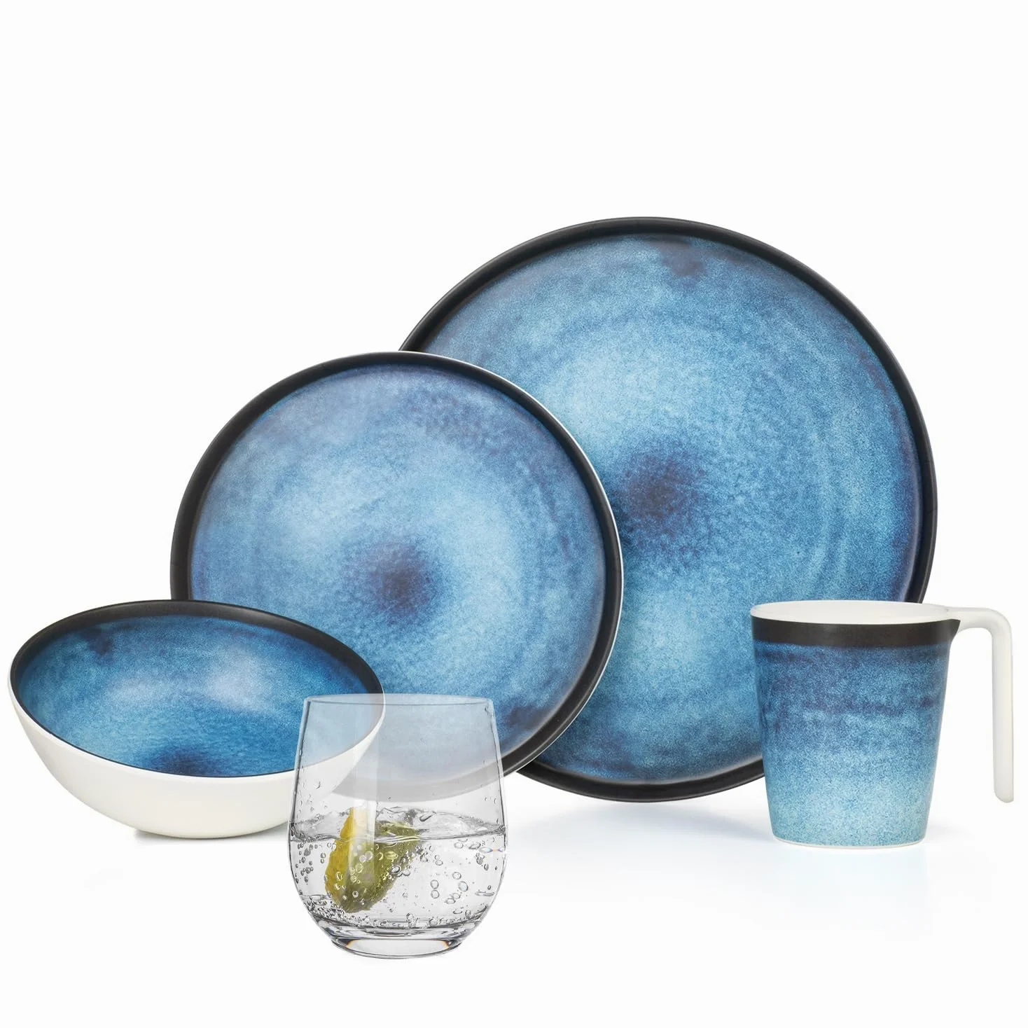 Vajilla de melamina para camping, 4 personas, océano profundo + 4 vasos Tiamo vasos de agua, vajilla de pícnic, barbacoa