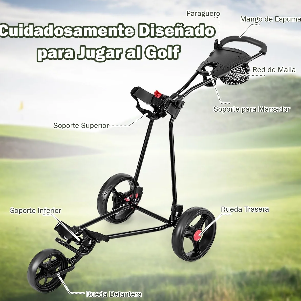 GYMAX Carro de Golf Plegable, 3 Ruedas, Red de Malla, Soporte Paraguas, Hierro, Negro