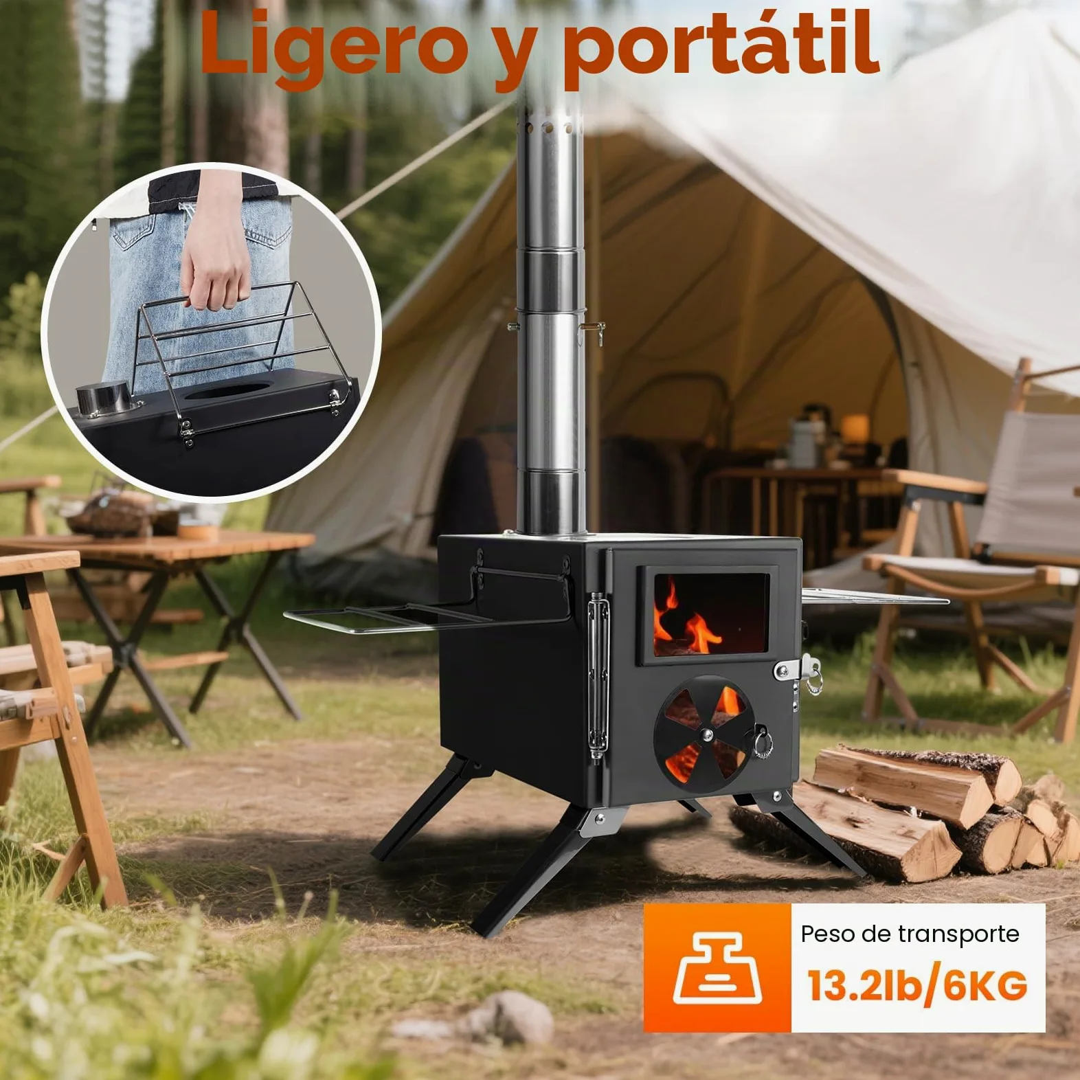 SOPPY Horno de tienda de campaña mini estufa de leña portátil de camping de acero inoxidable estufa de camping horno de jardín con tubos de chimenea horno de taller para tienda de campaña/jardín