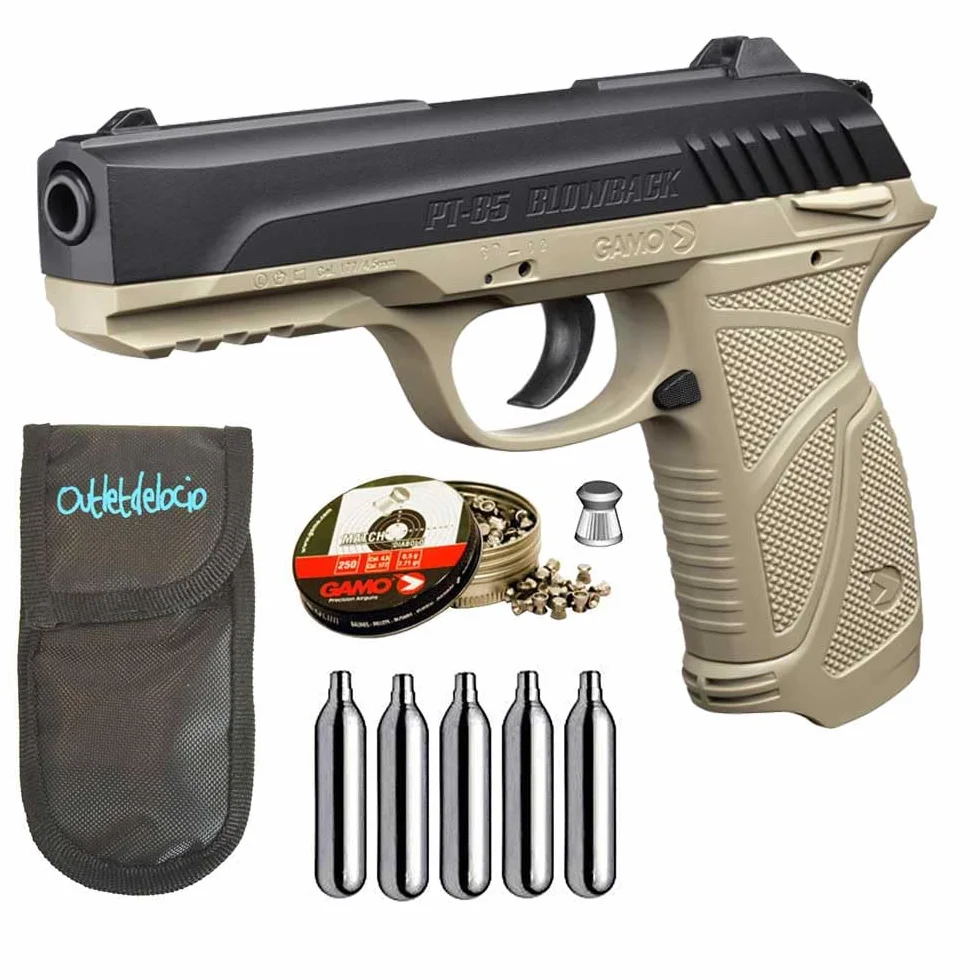 Pack Pistola Perdigón Gamo PT-85 4,5mm Blowback Dessert. + Funda + balines + bombonas co2 23054/29318/38203