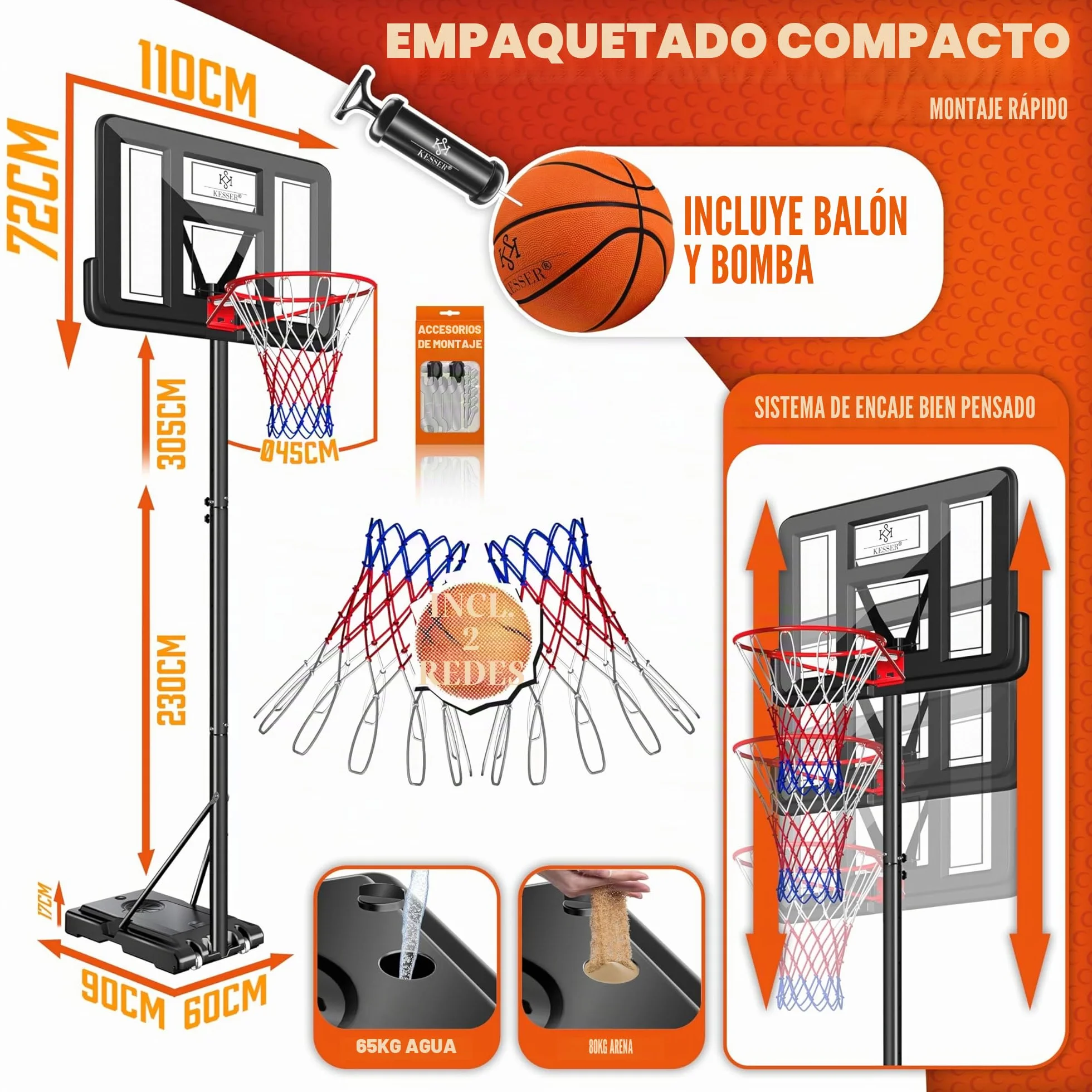 KESSER Canasta de Baloncesto Premium 230-305 cm Altura Regulable Base Ruedas Balón Inflador