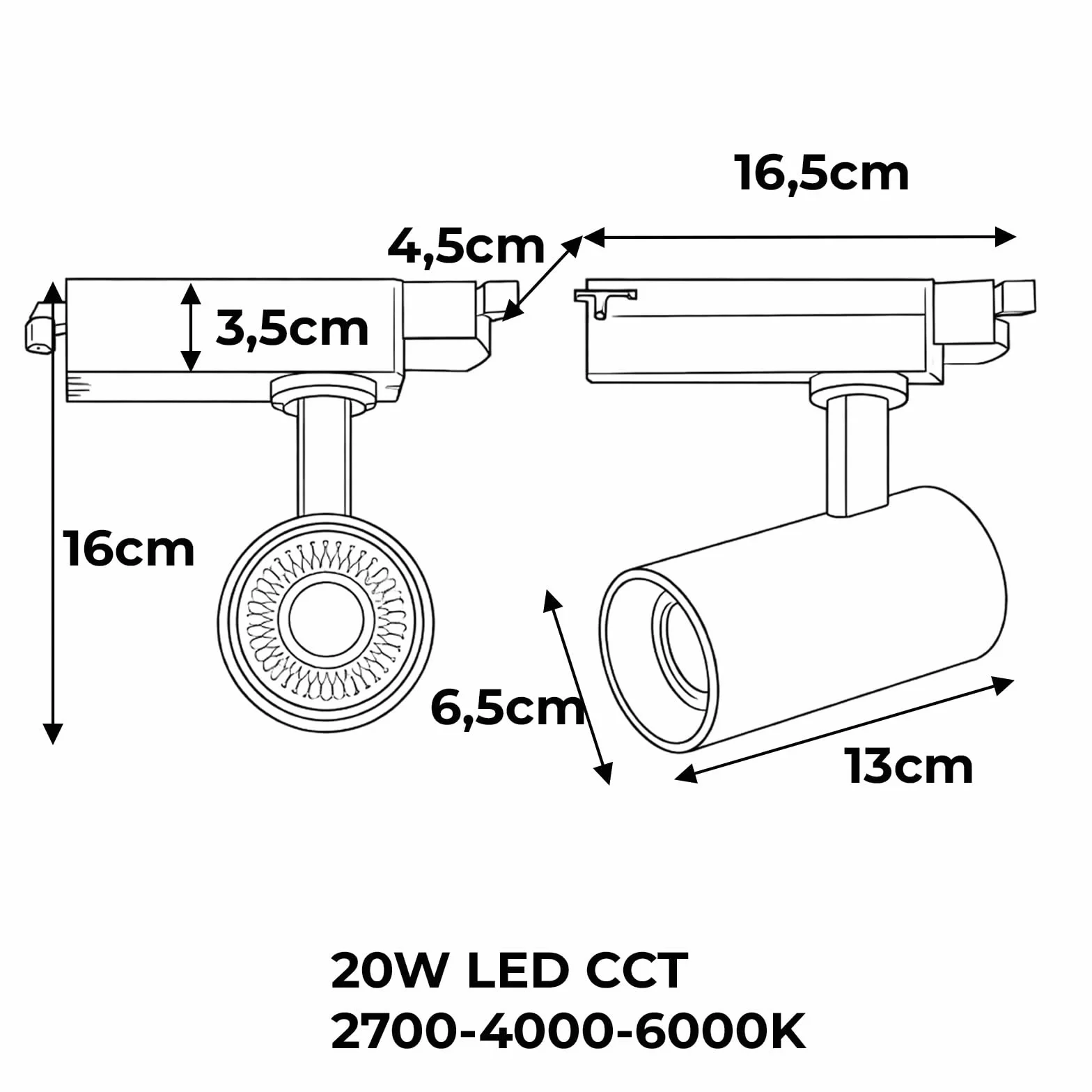 Alpinaluz Foco LED Carril Monofásico 20W 2000lm CCT Seleccionable 2700K-4000K-6000K Orientable Blanco Mate 40°