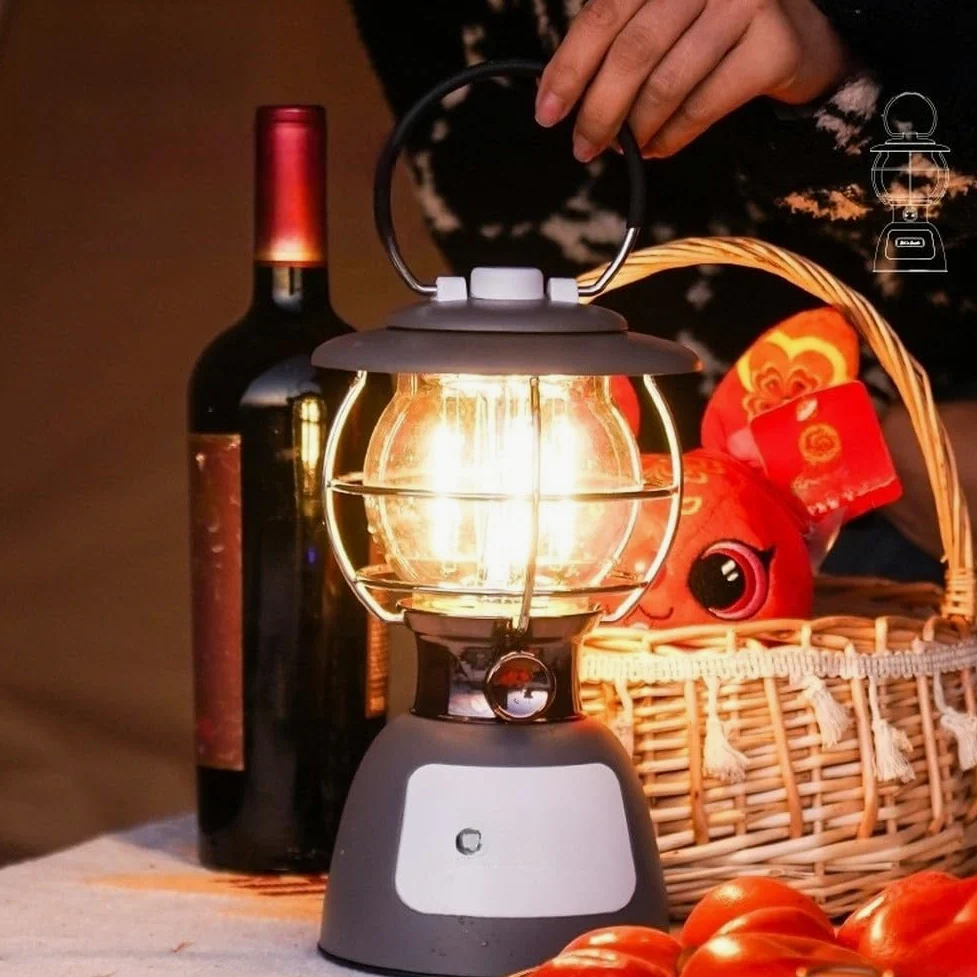 Eawfgtuw Linterna LED de camping con batería de 5200 mAh, luz de tienda regulable para senderismo al aire libre, banco de energía de puerto de carga rápida, lámpara de filamento retro, mango de gancho