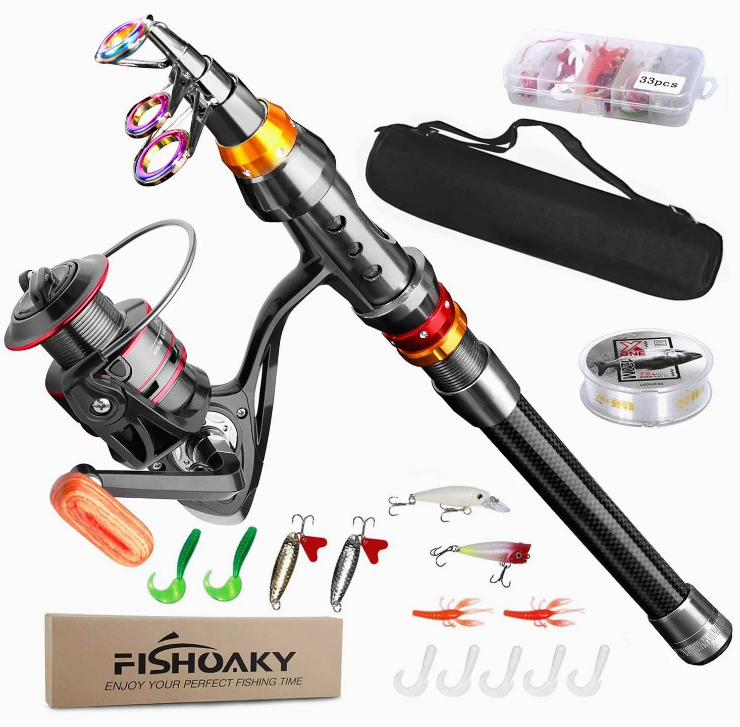 Caña de Pescar y Carrete, Fibra de Carbono Pesca Telescópica+Cebos+Carrete de Pesca +Bolsa de Pesca+Accesorios de Pesca para Agua Salada Agua Dulce y Niños y Adultos (1.8)
