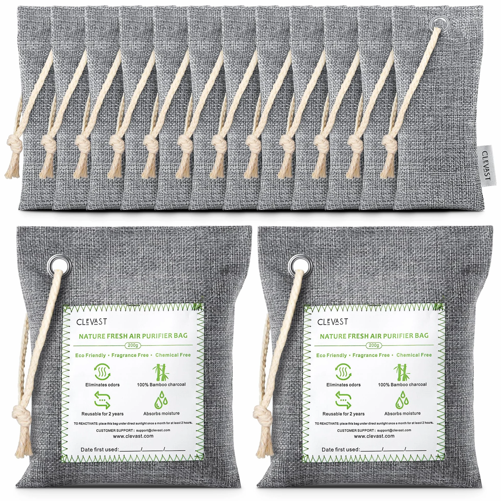 CLEVAST Bolsas Purificadoras de Aire de Carbón de Bambú 50g*12+200g*2 Eliminador de Humedad