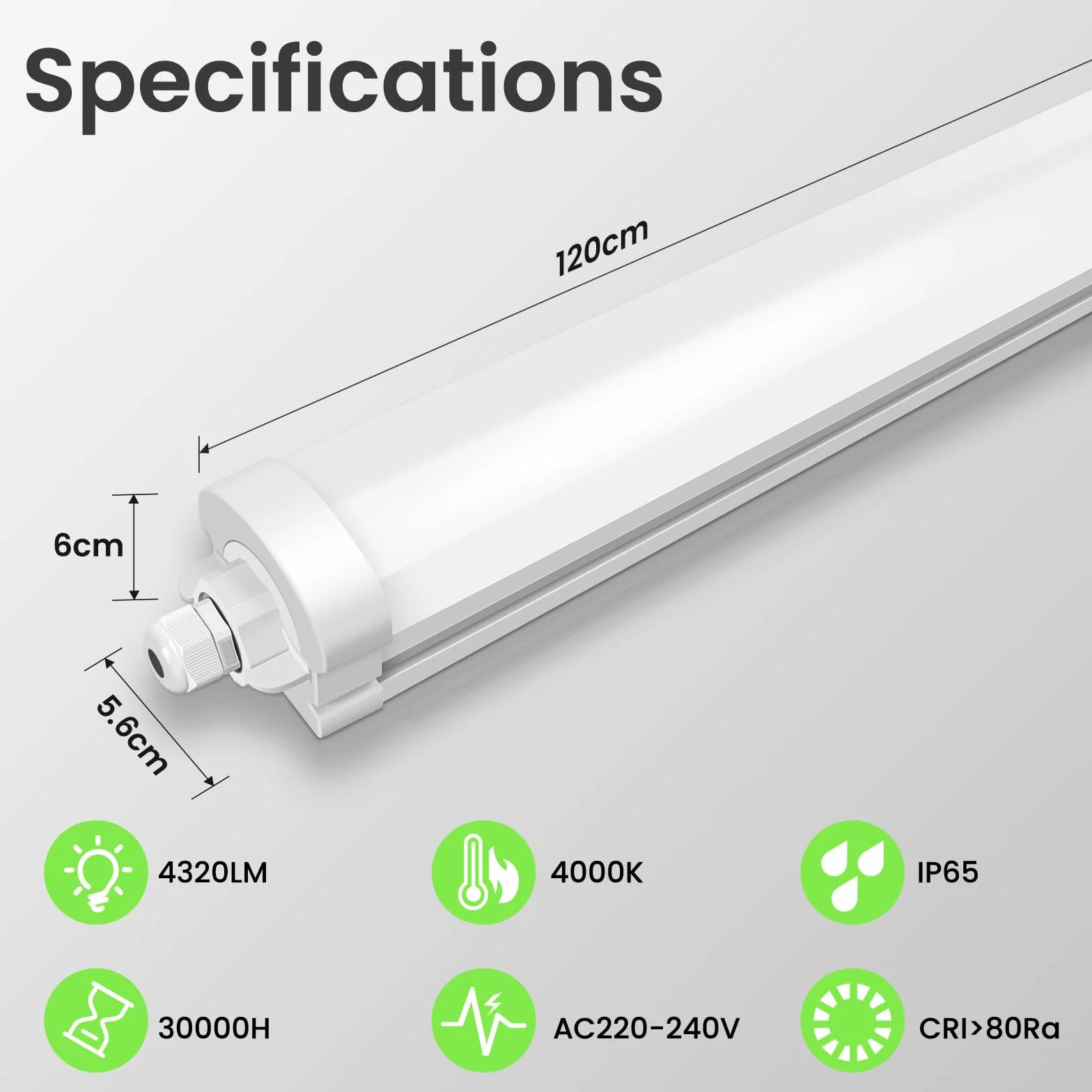 ALUSSO 2Pcs Pantalla LED Tubo Integrado 120CM 36W 4320LM 4000K IP65 Lámparas para Oficina Garaje Taller
