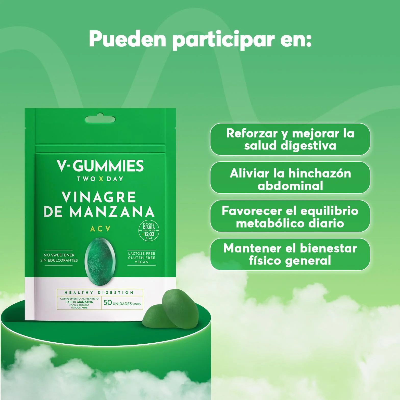 Apple Cider Vinegar Gummies V Gummies - Digestive Health - Natural Apple Flavor with Vitamin C and Pectin - 50 Count