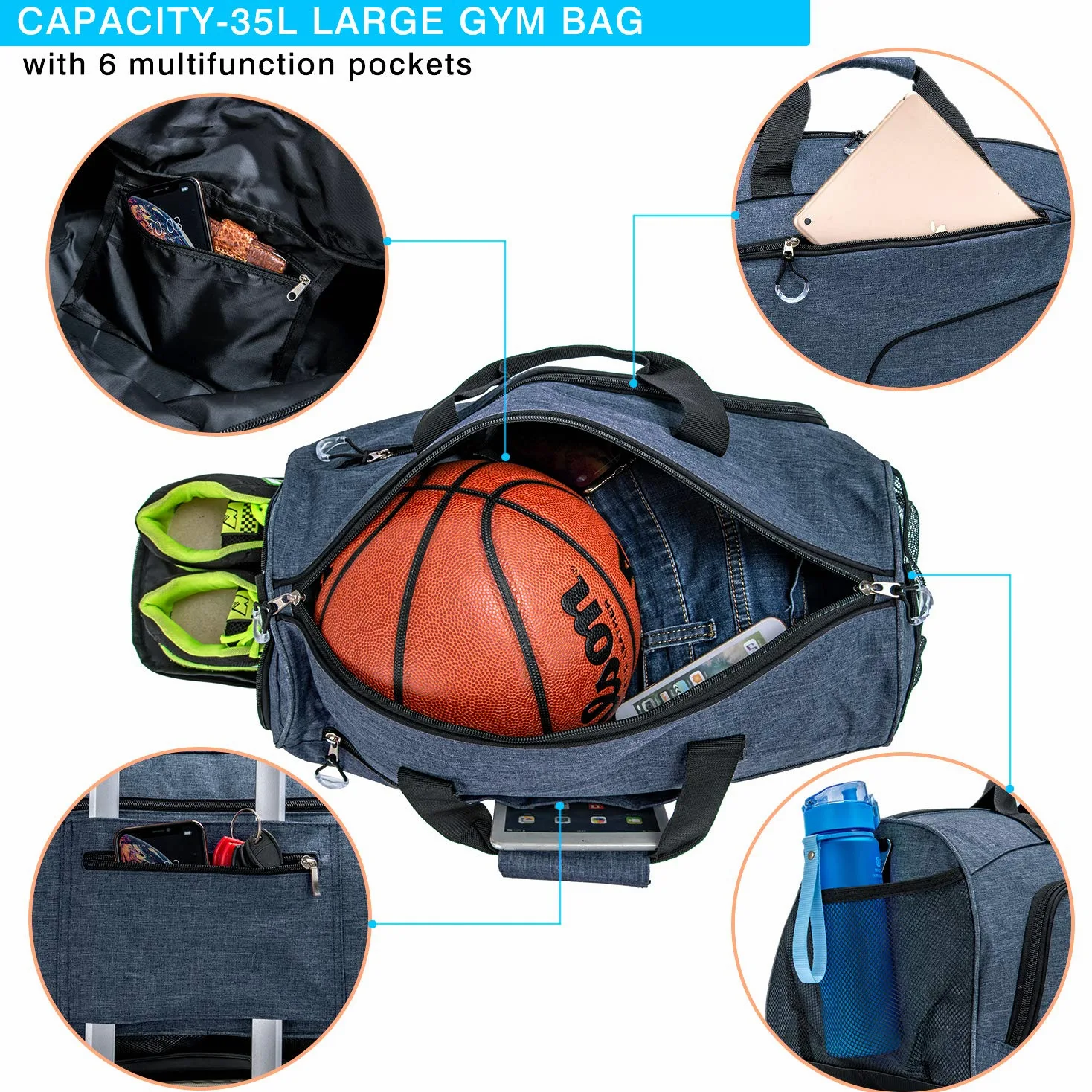 Bolsa deportiva pequeña de gimnasio para hombres y mujeres, bolsa de viaje para entrenamiento, Azul, Talla única, Deportivo, práctico