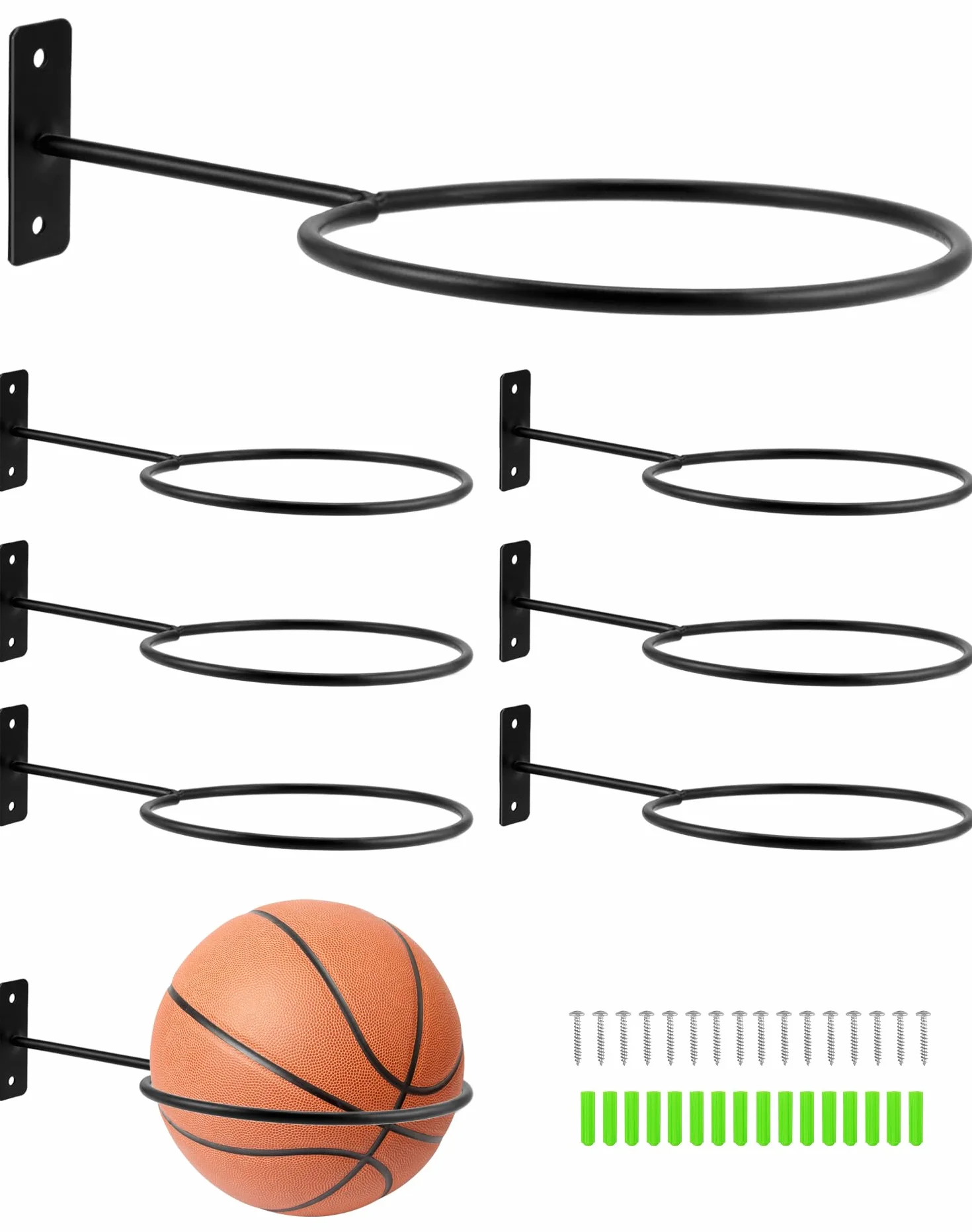 QWORK® 8 Piezas Soporte de Pared para Bolas de Metal, Soporte de Pared de Bola Montada, Negro, para Baloncesto, Balones de Fútbol, Voleibol y Más