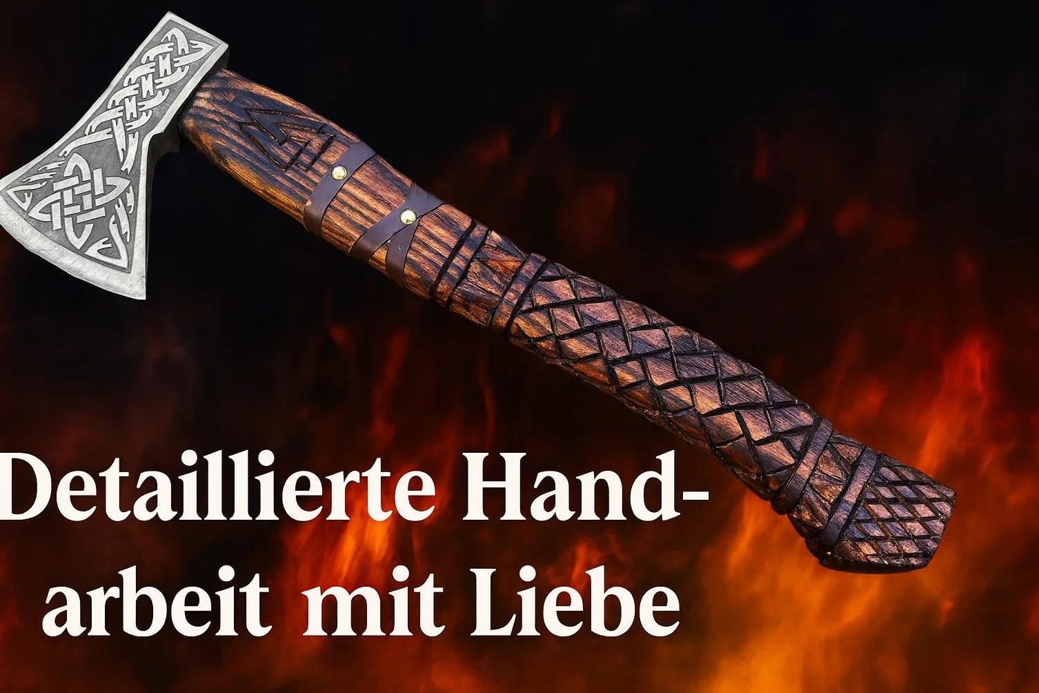 Novahaven Thorvald Hacha de lujo forjada a mano de madera de fresno inglesa, hoja de acero al carbono con grabado vikingo