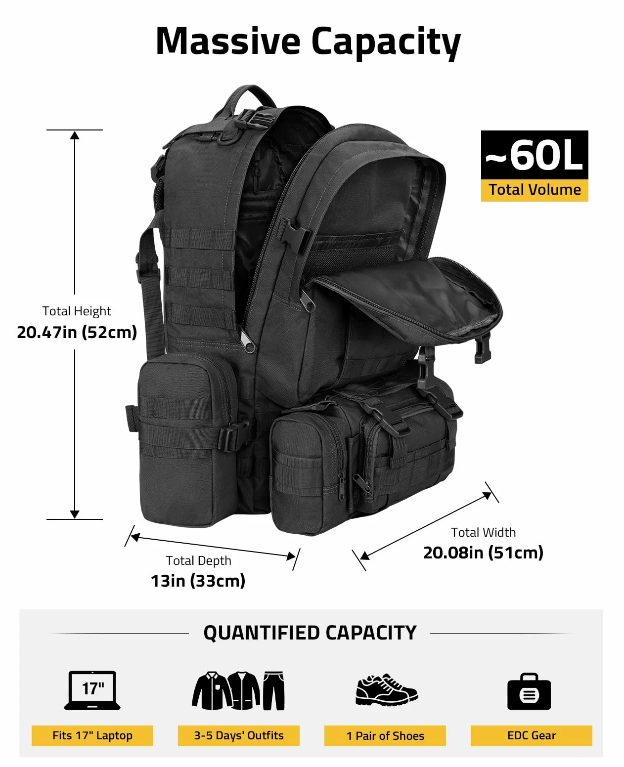 CVLIFE - Mochila táctica militar militar de 60 litros, paquete de asalto grande, bolsa Molle desmontable