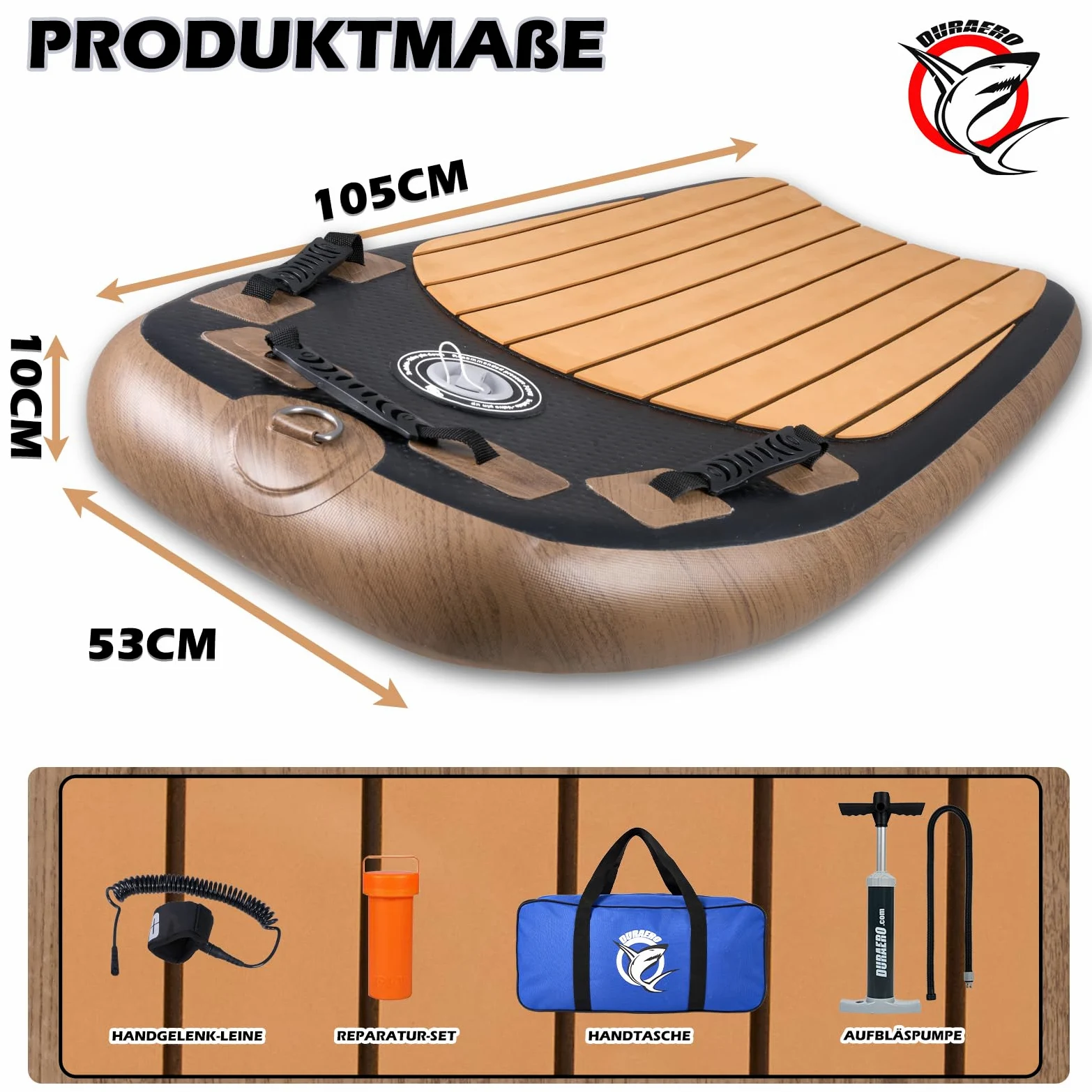 DURAERO Tabla de boogia inflable de 105 x 53 x 10 cm, tabla de surf para niños y adultos, tabla de surf con 2 asideros, bomba de aire, bolsa de transporte, kit de reparación e instrucciones (idioma