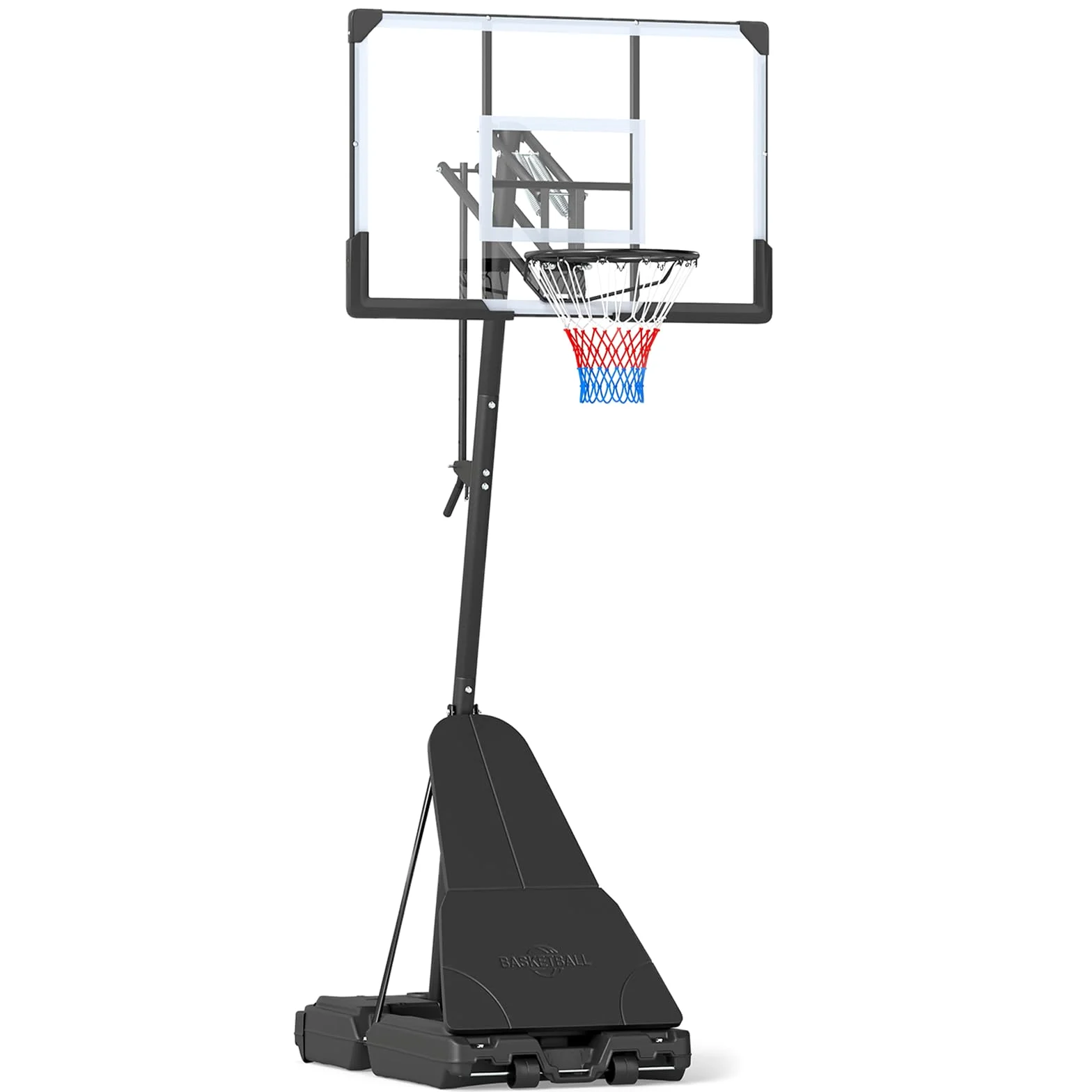 GYMAX Canasta de Baloncesto Portátil, Sistema de Aro de Baloncesto para Adultos con Altura Ajustable 245-305 cm, Base Rellenable, Reboteador de Balón y Ruedas, Uso Interior Exterior