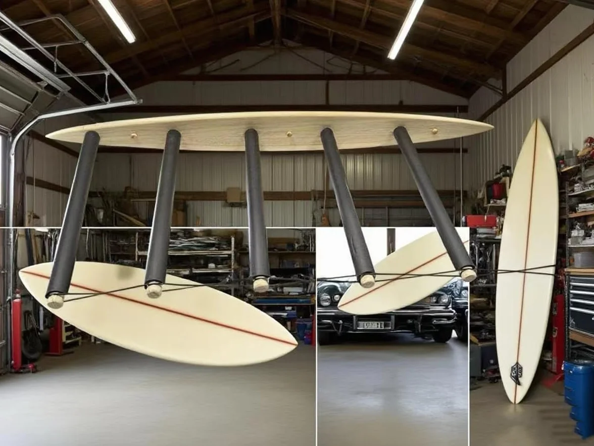 Soporte vertical para tabla de surf - Madera dura duradera con alfombra de goma, 6 brazos (5 a 6 tablas), soporte de surf para pared, almacenamiento de tablas de surf, wakeboard, tabla de