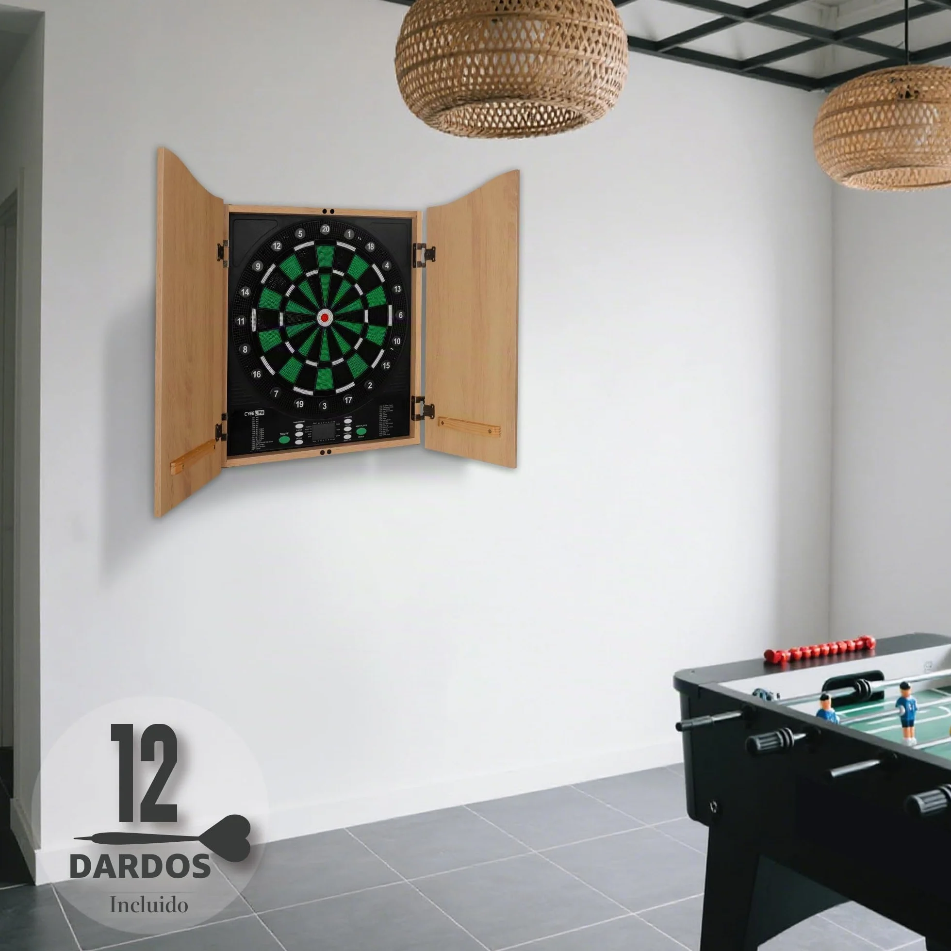 CyeeLife Diana electrónica con armario de madera, diana electrónica con 34 juegos y 355 variantes, modo de 8 jugadores, pantalla LED, voz alemana