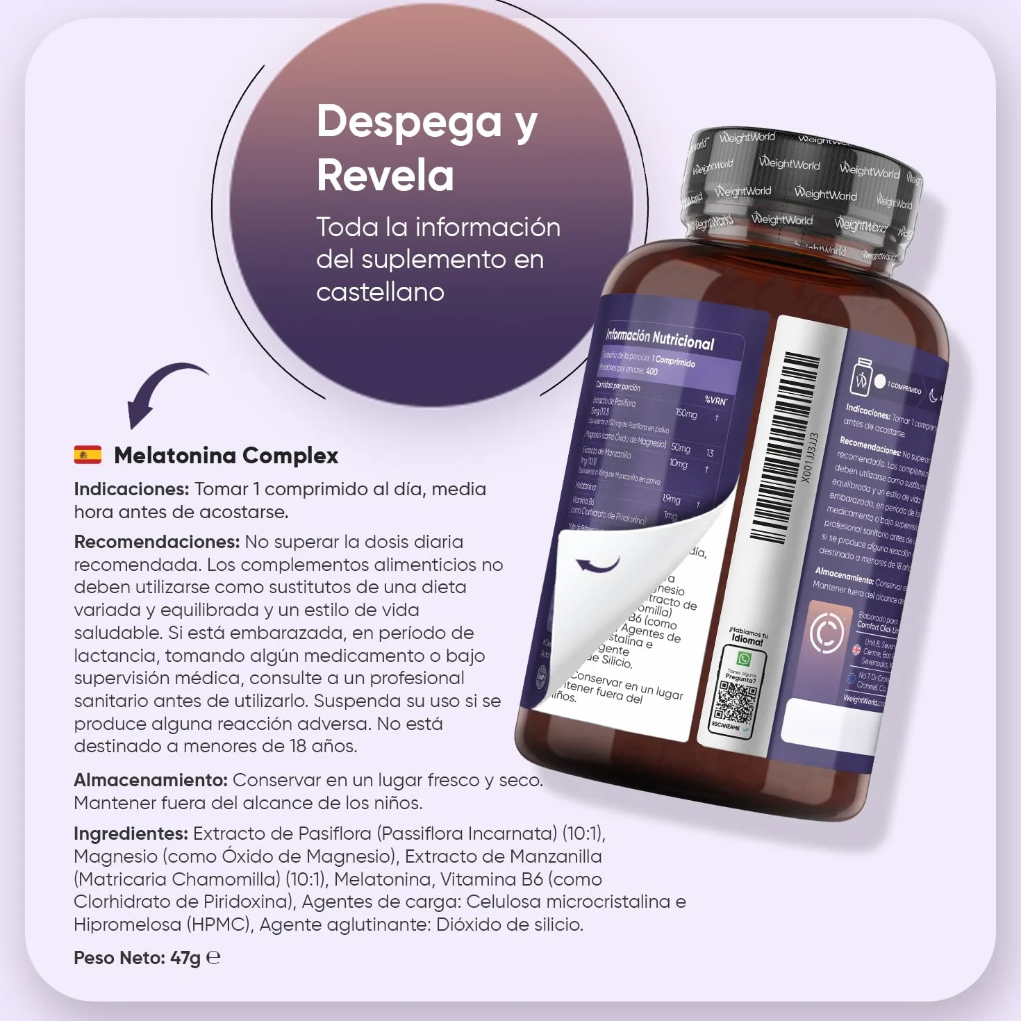 Melatonina 1,9 mg Complex con Magnesio, Vitamina B6, Pasiflora y Manzanilla 400 Comprimidos Liberación Prolongada Sin Gluten Vegano